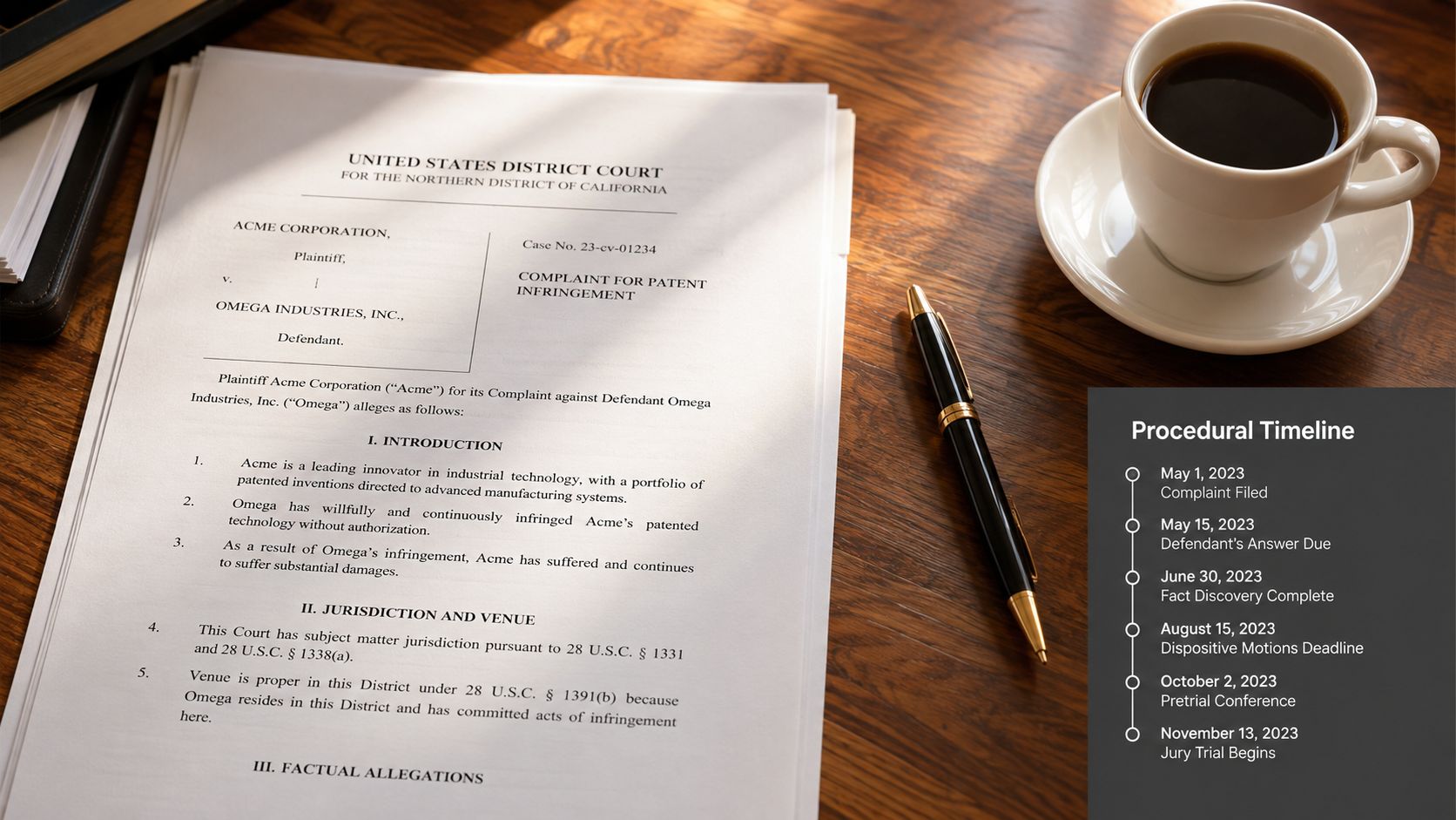 A printed patent infringement legal complaint document with a procedural timeline on a wooden office desk.