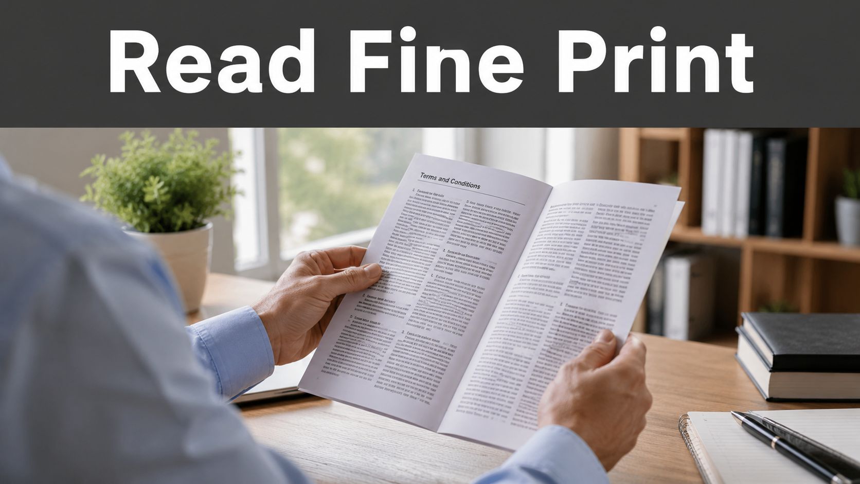 A professional sitting at a desk reading through a document titled Terms and Conditions in a bright office.