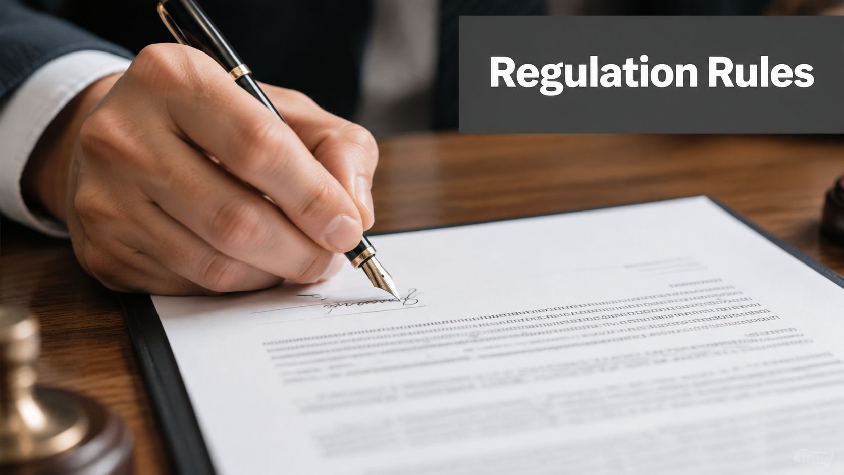 A close up of a professional person signing a legal document on a wooden desk.