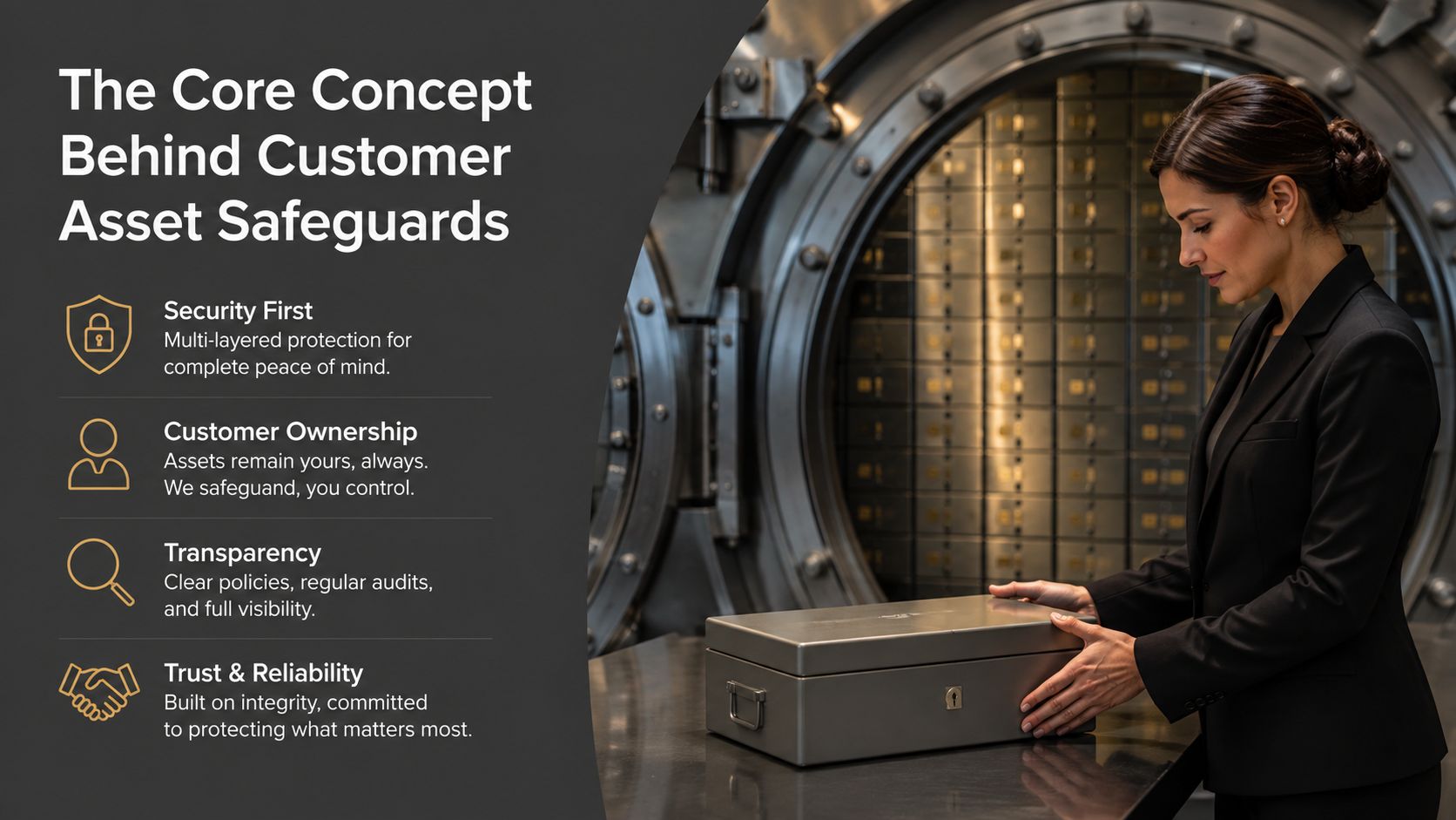 A professional woman in a business suit holding a metal safe deposit box in a bank vault.