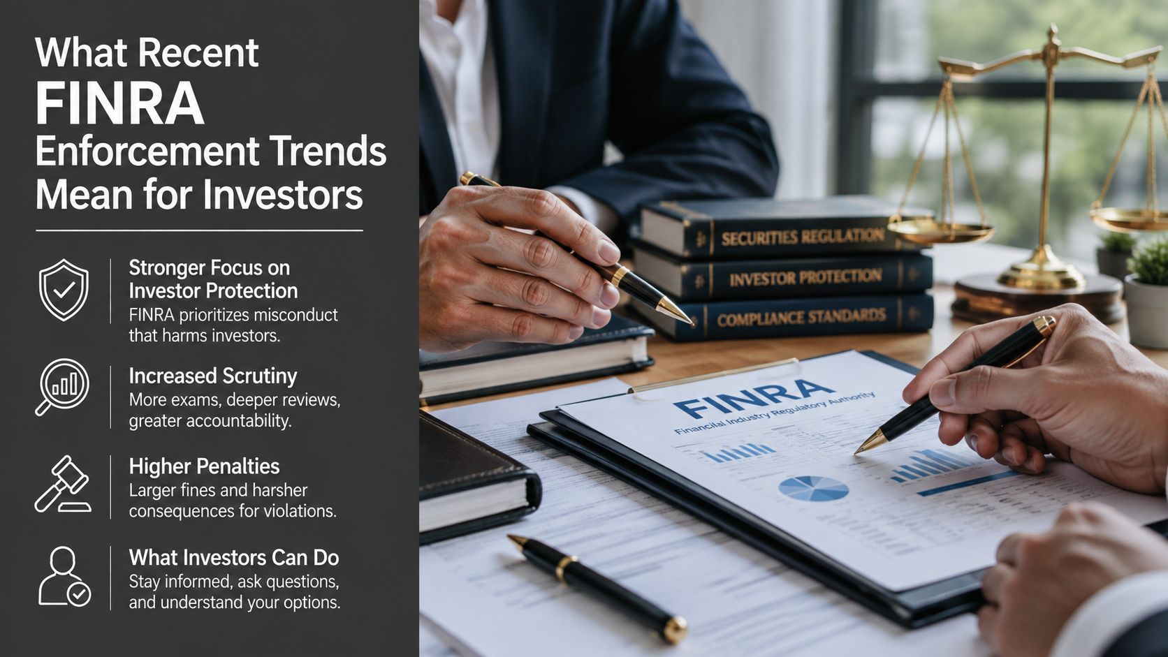 A professional desk featuring legal documents and books, illustrating FINRA enforcement trends and investor protection measures.