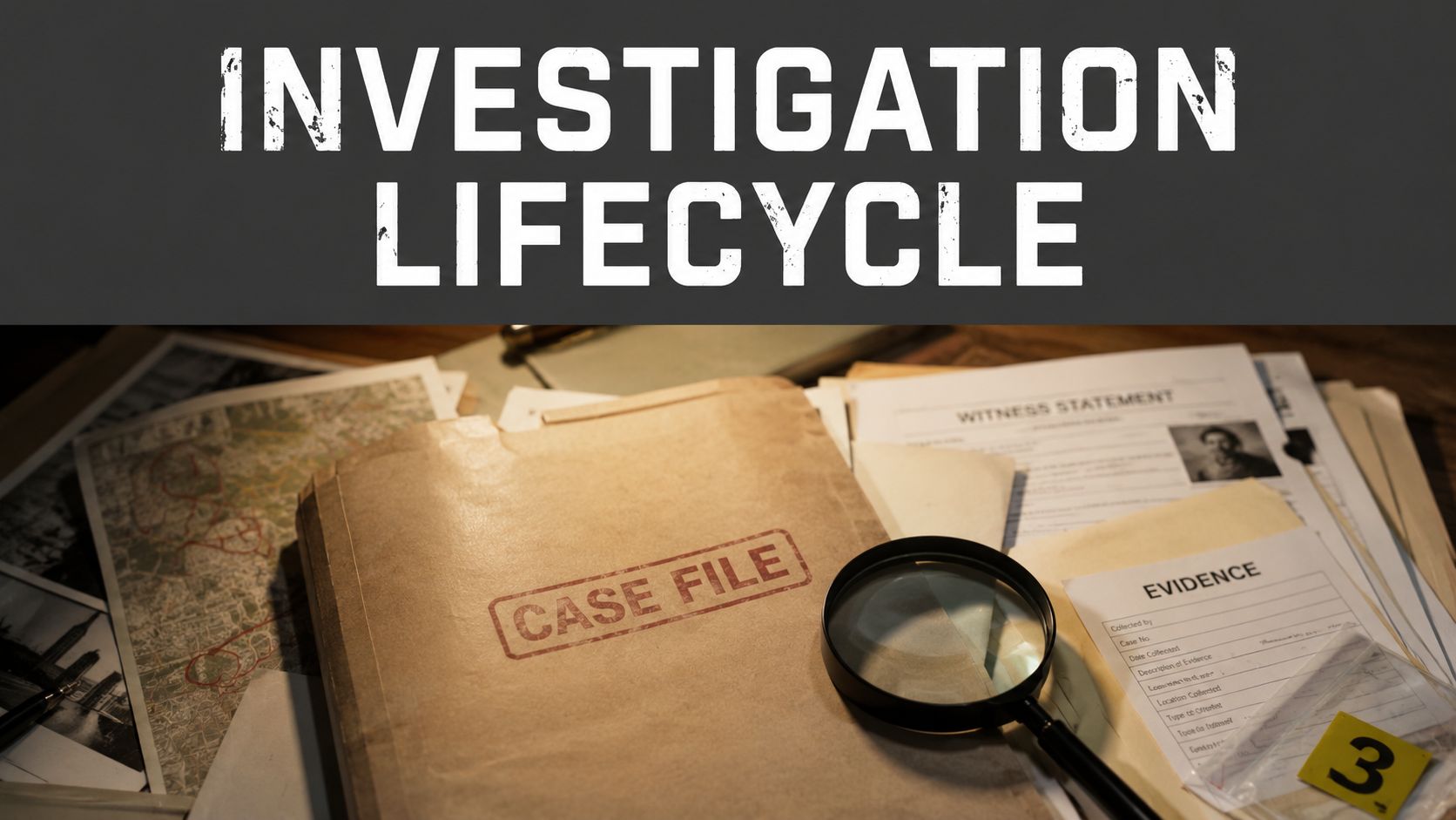 A brown case file folder, a magnifying glass, and witness statement papers on a wooden desk.
