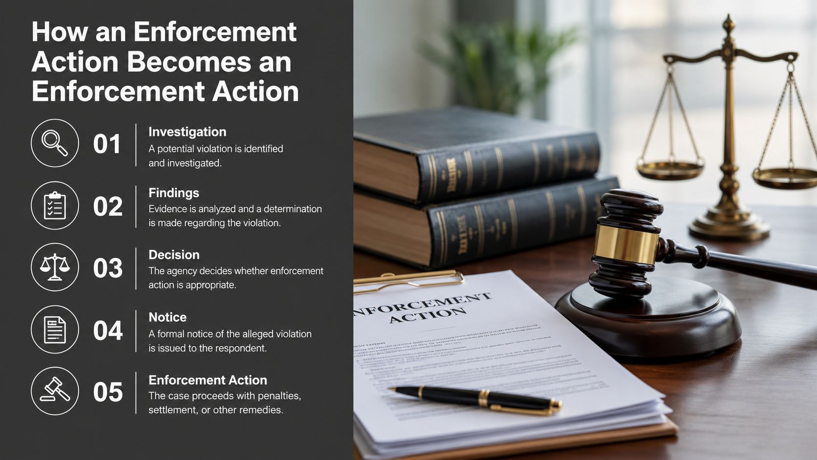 A diagram outlining the five steps of an enforcement action process beside a legal gavel and documents.
