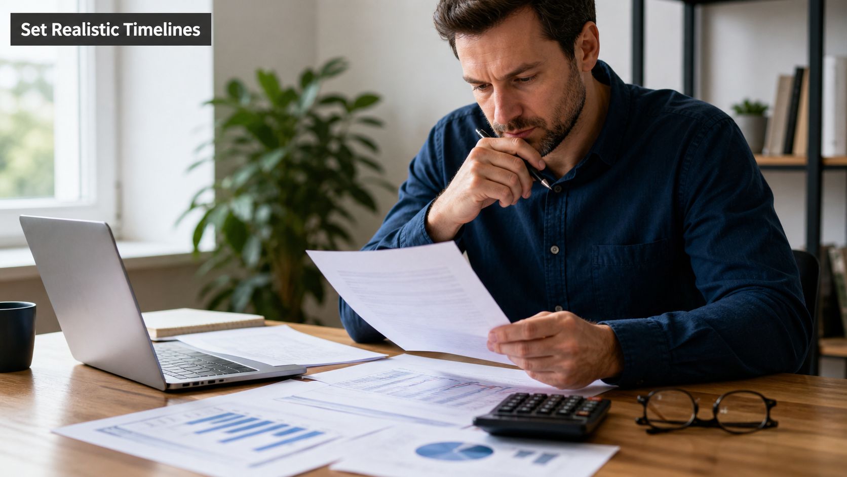 A professional man reviewing financial documents at a desk with a laptop, calculator, and bar charts.