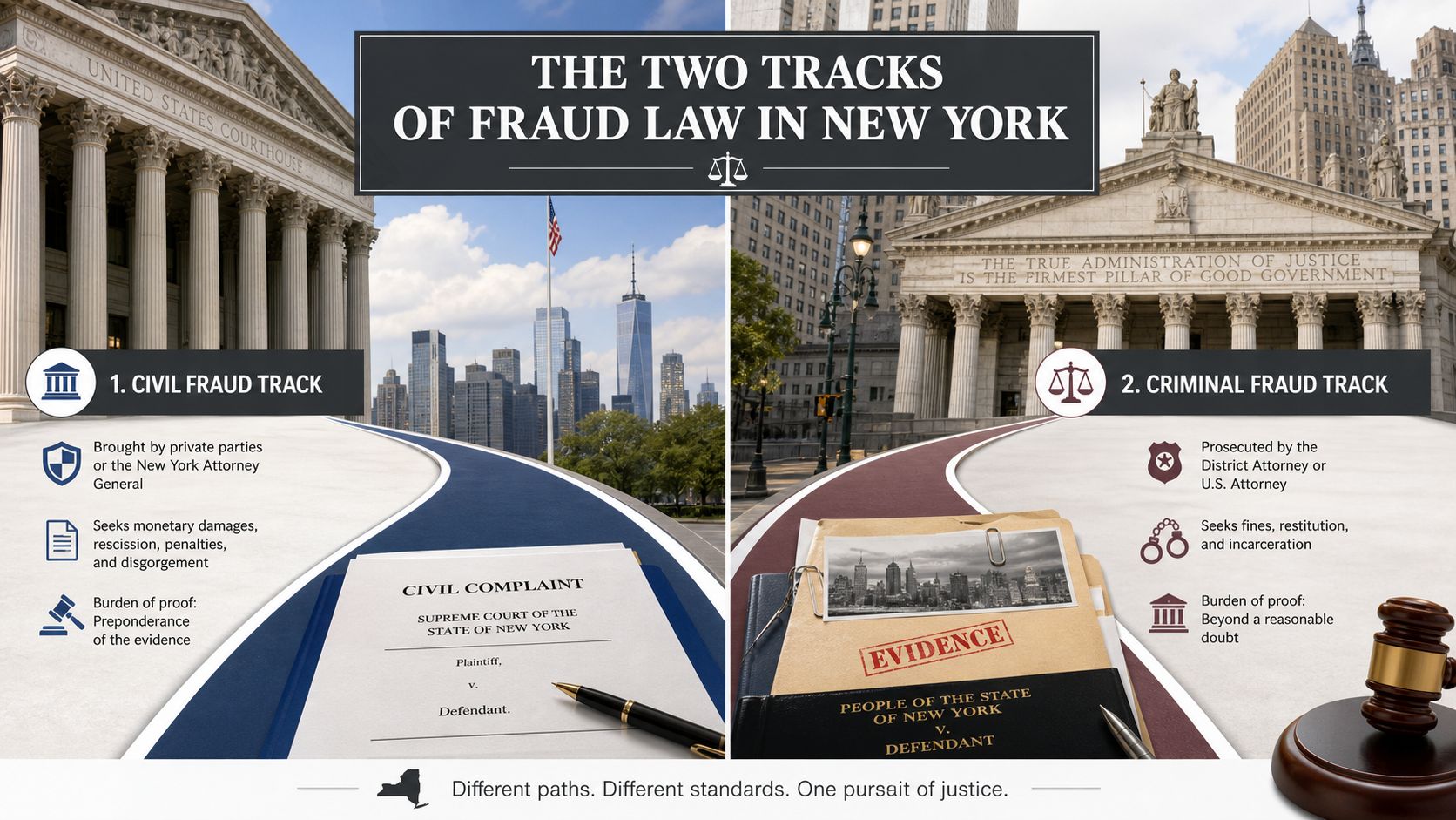 An infographic comparing civil and criminal fraud legal tracks in the New York justice system.