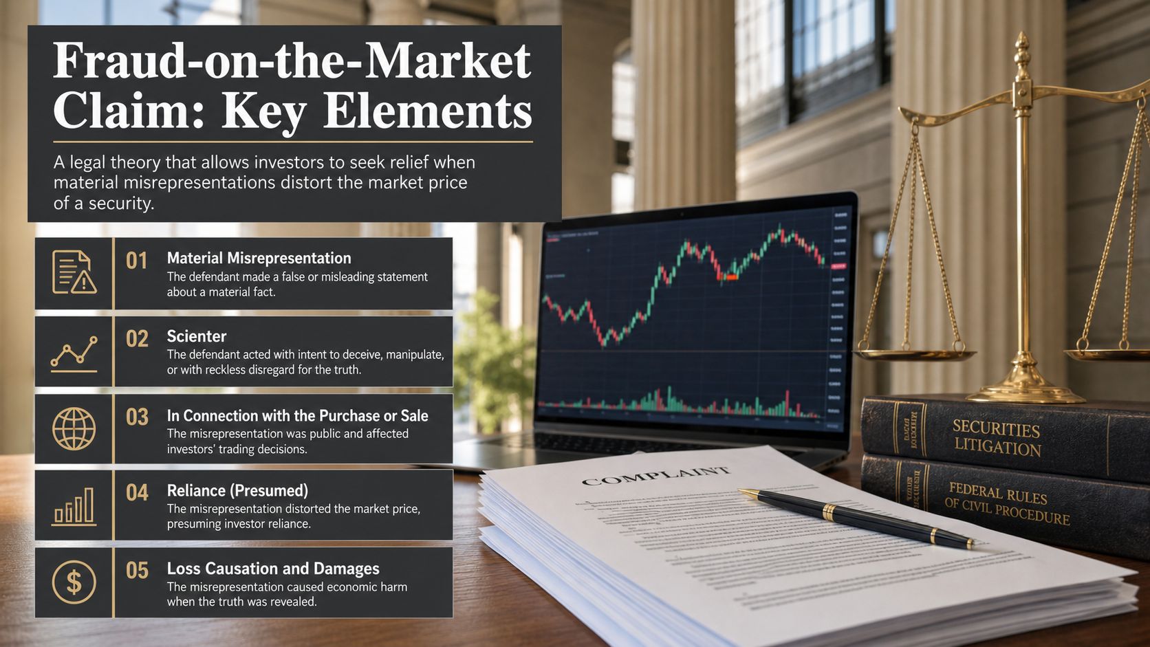 An infographic detailing the five legal elements of a fraud-on-the-market claim with legal books and charts.