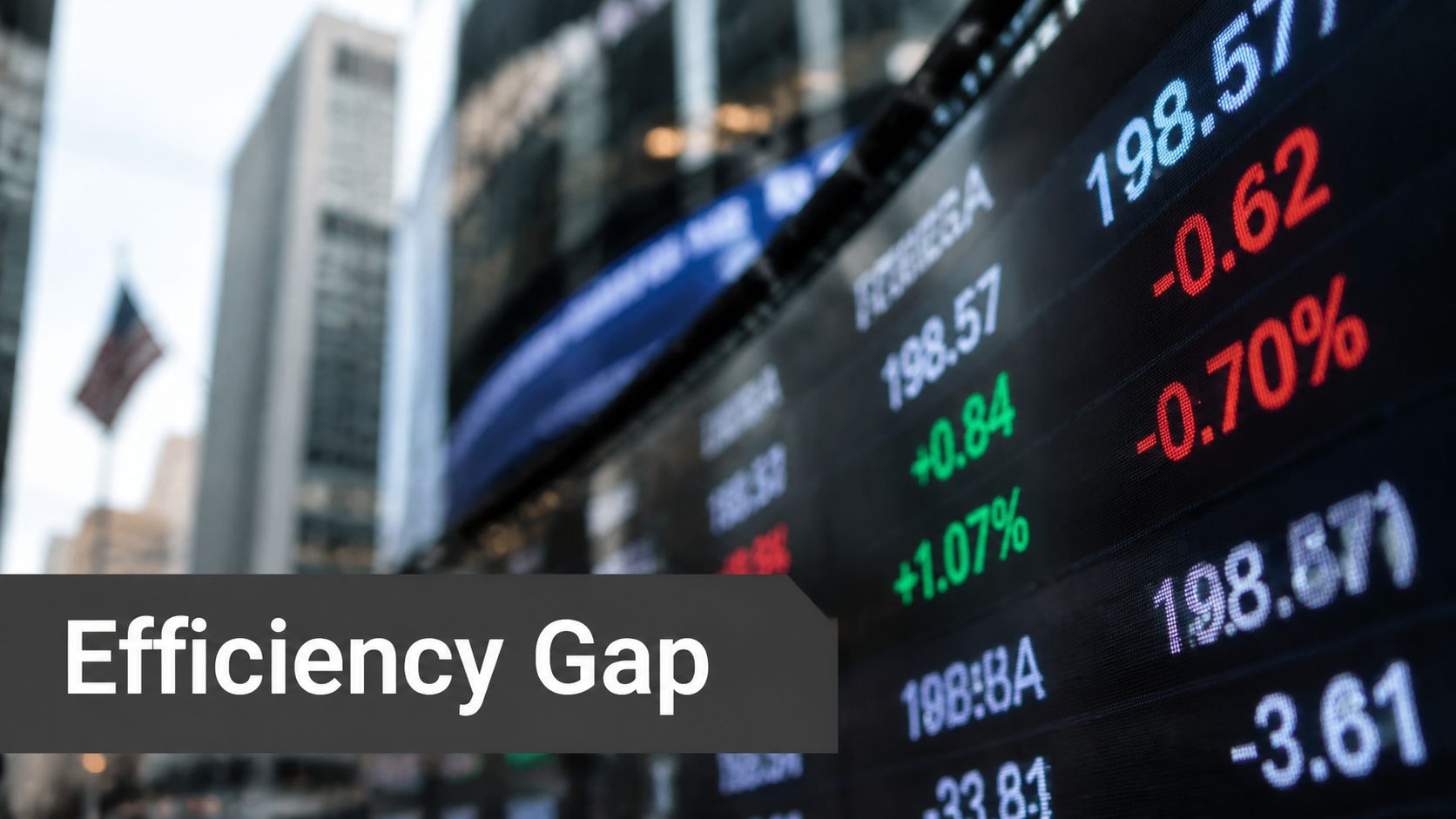 Stock market display board showing fluctuating financial numbers and percentages with an American flag in background.