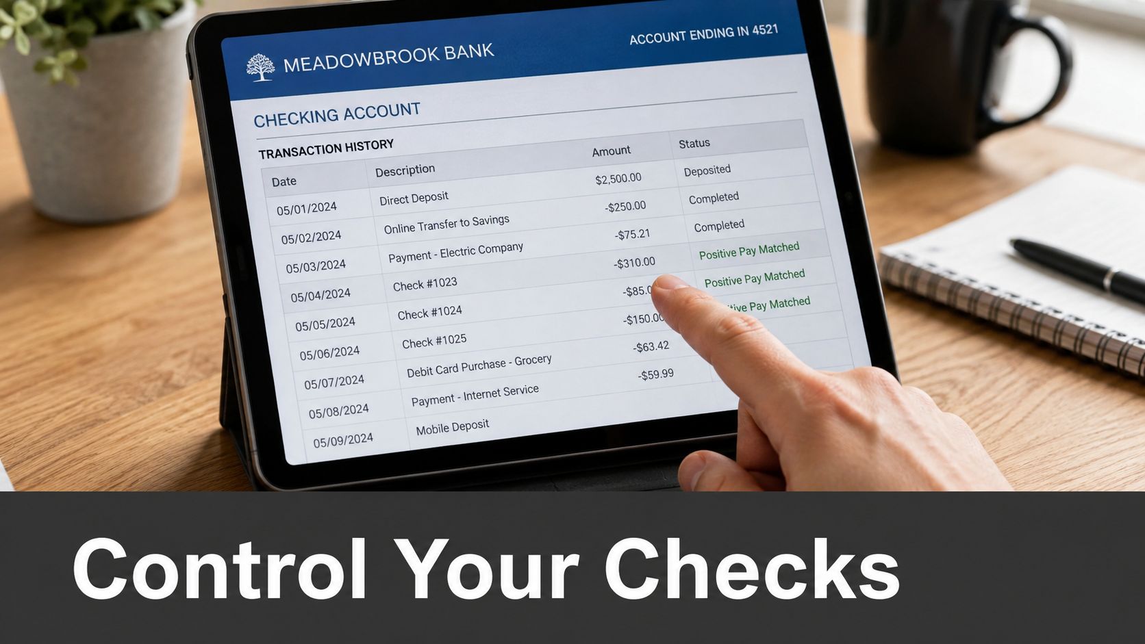 A person reviewing bank check transactions on a tablet screen to manage financial security and prevent fraud.