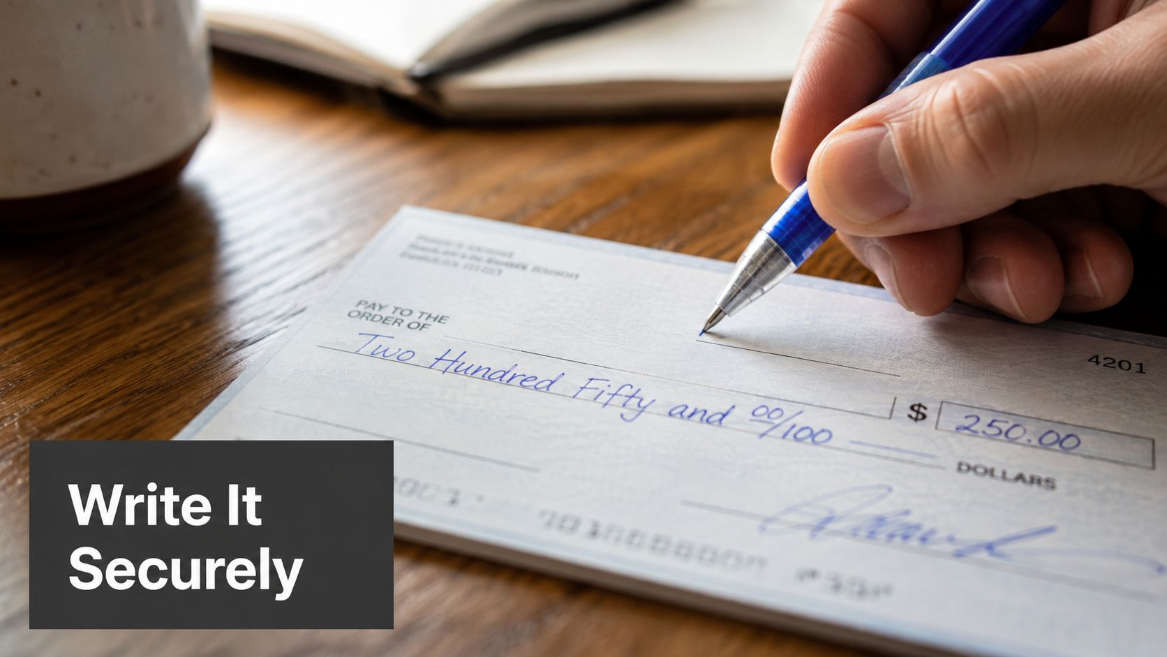 A close-up view of a hand filling out a personal check with a blue ballpoint pen.