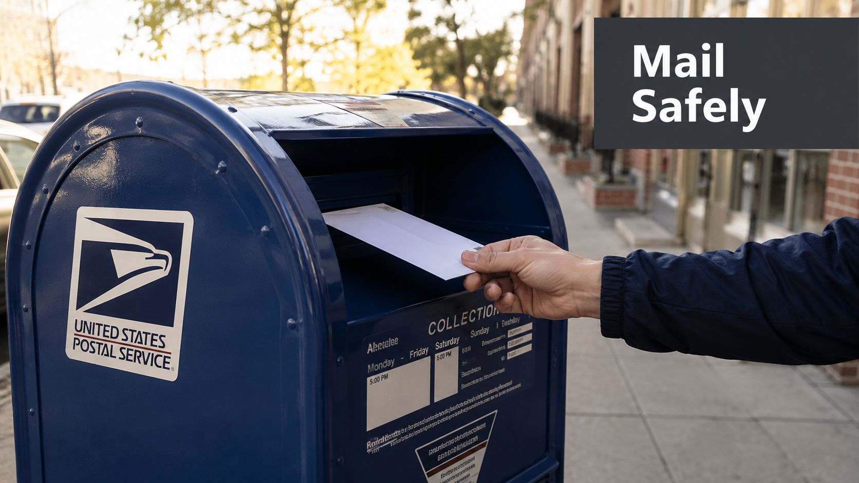 A hand placing a white envelope into a blue United States Postal Service mailbox on a sidewalk.