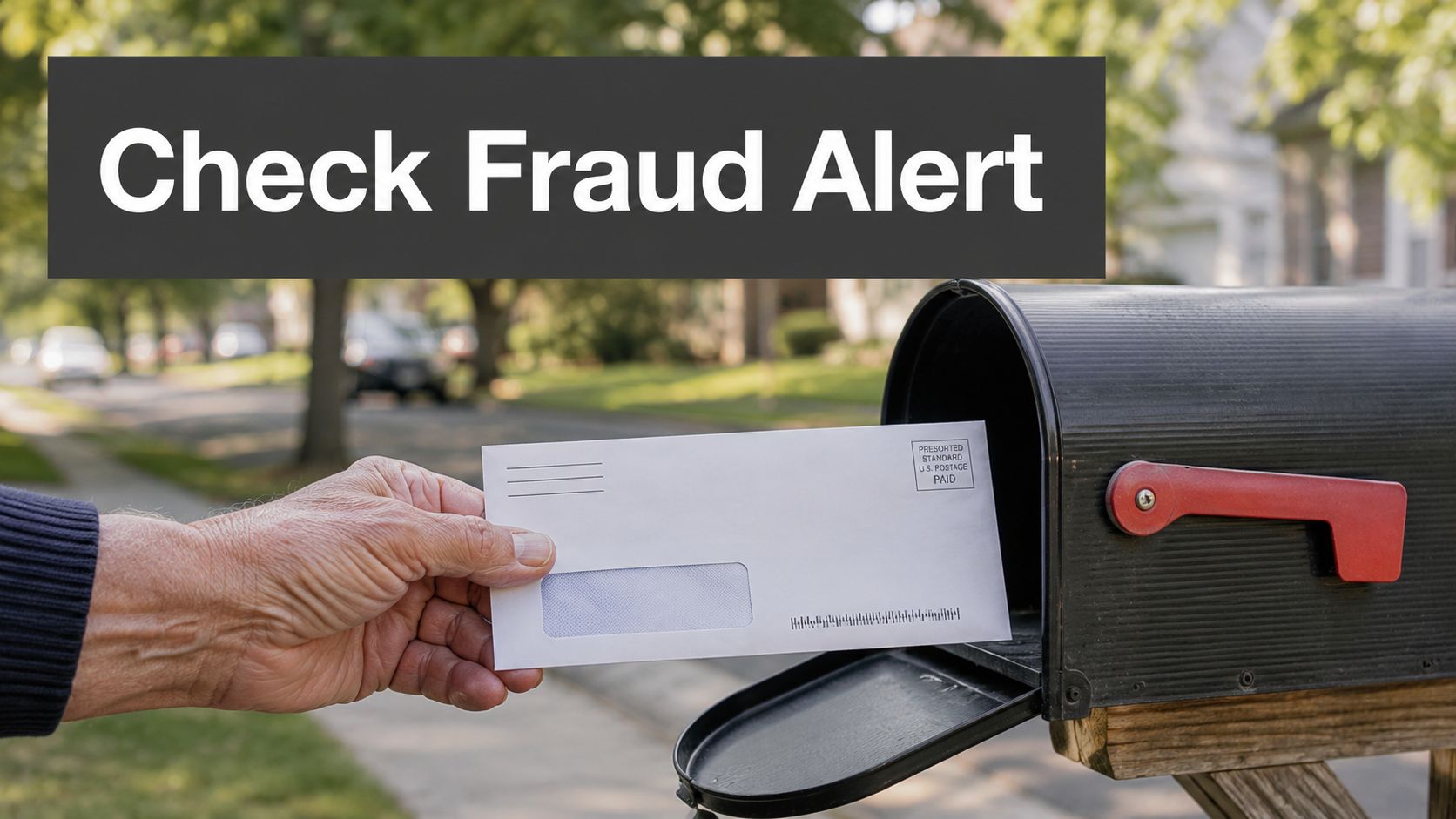 A close-up view of an elderly person's hand inserting a white business envelope into a curbside mailbox.