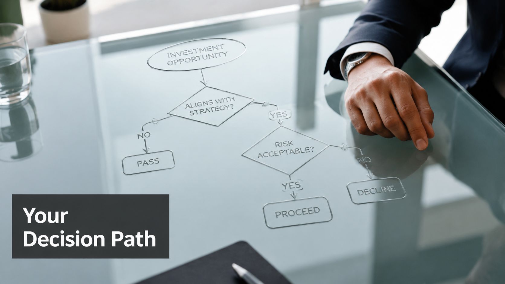 A professional business person reviewing a flowchart of an investment decision-making process on a glass table.