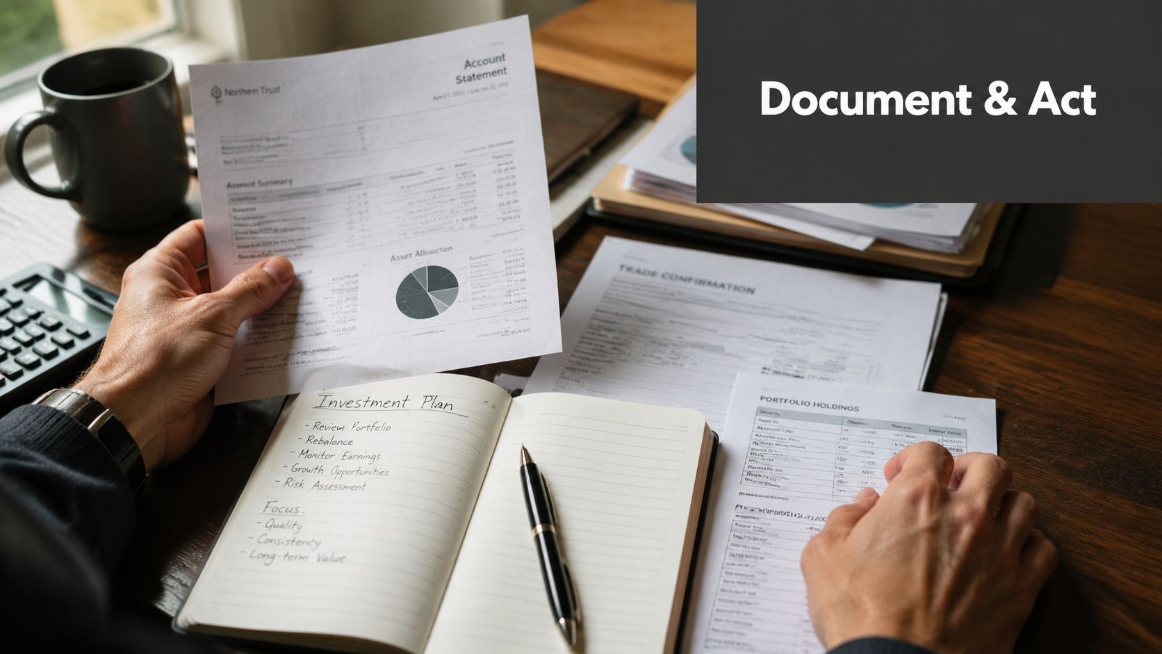 A person reviewing financial documents, investment plans, and portfolio holdings at a desk with a calculator.