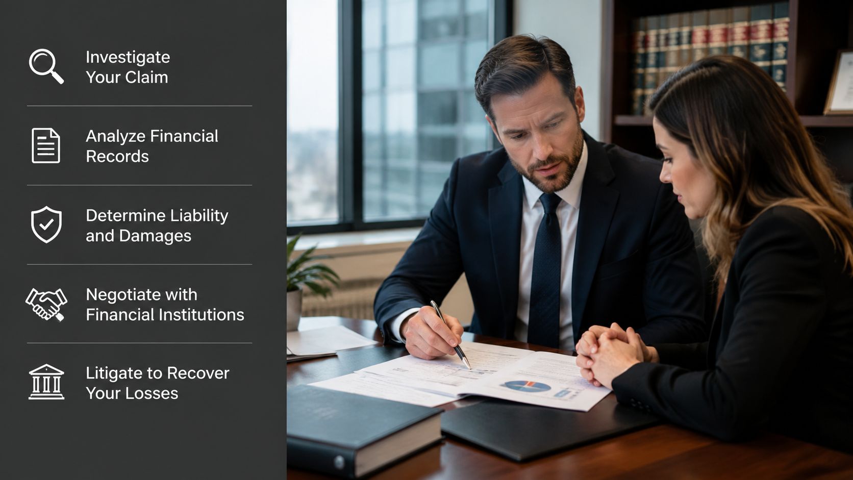A professional lawyer reviewing financial documents with a client in an office to discuss investment loss recovery.