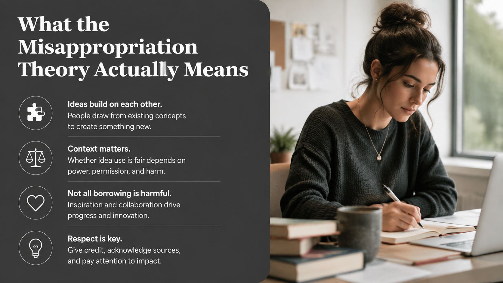 An infographic explaining the misappropriation theory next to a woman studying at a desk with books.
