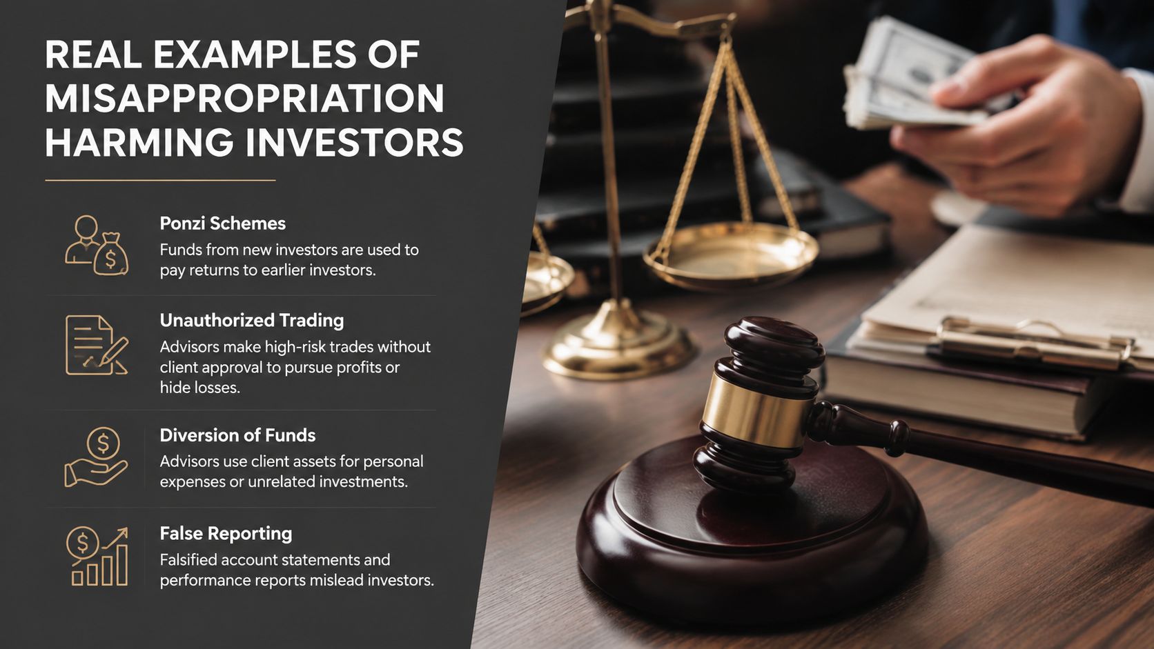 An infographic detailing examples of investment misappropriation including Ponzi schemes, unauthorized trading, fund diversion, and false reporting.