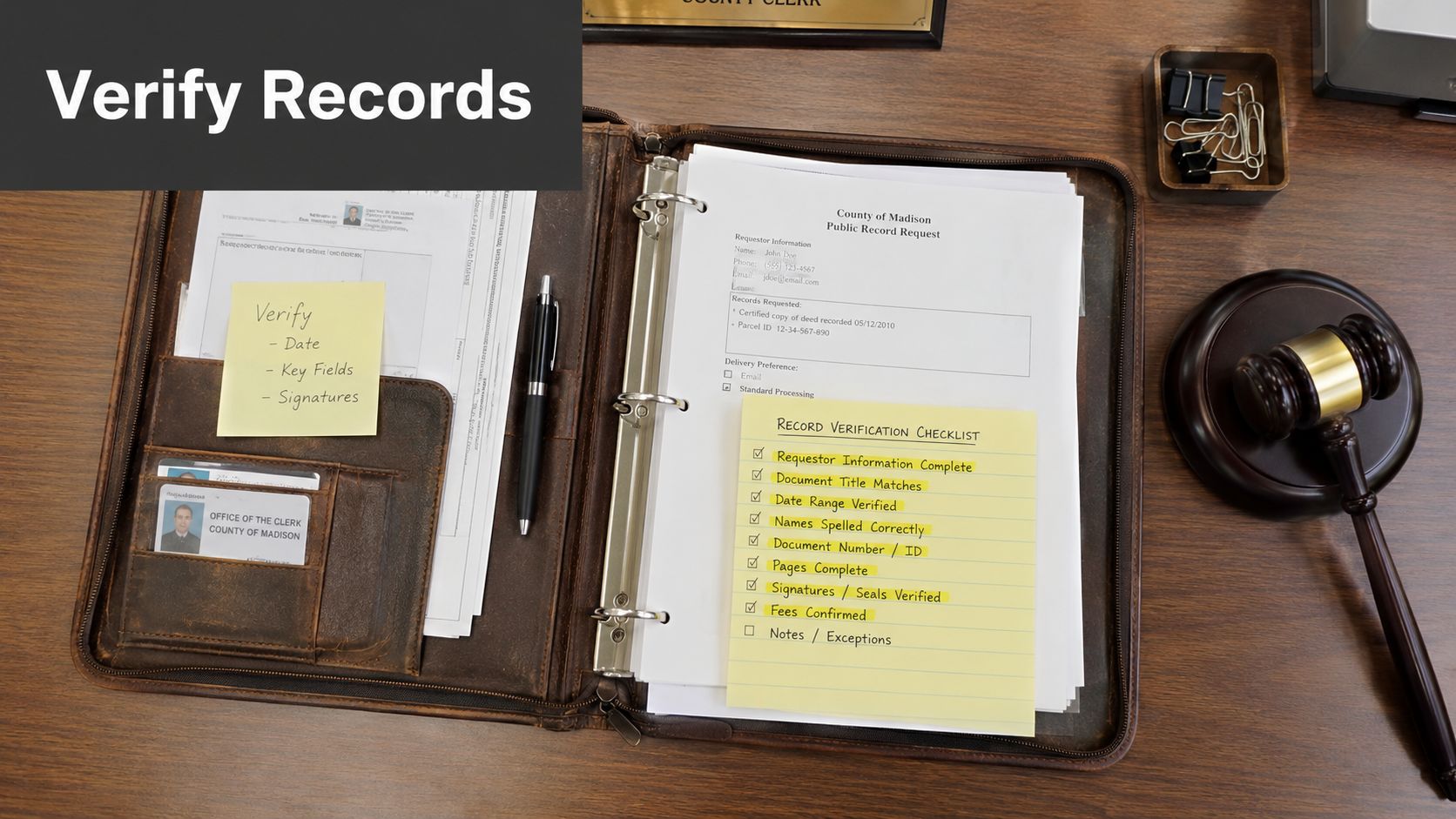 A leather binder open on a desk containing a public record request form and a verification checklist.