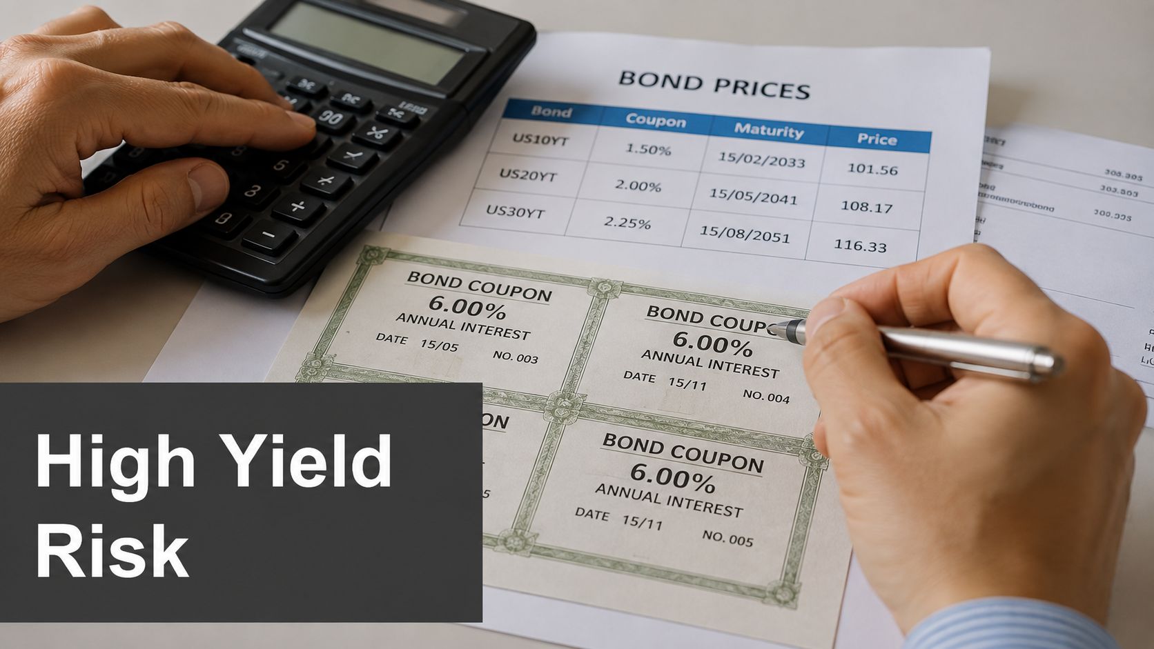 A person analyzing bond prices and coupons with a calculator and pen on a document.