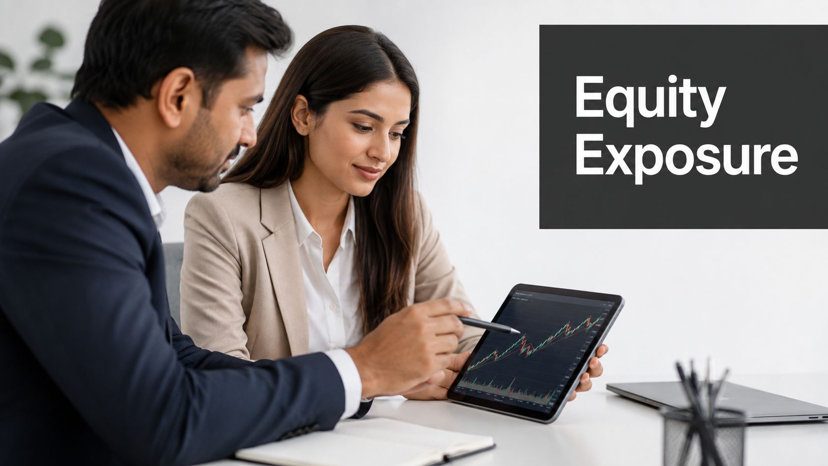 A professional man and woman discussing stock market trends on a digital tablet in an office.