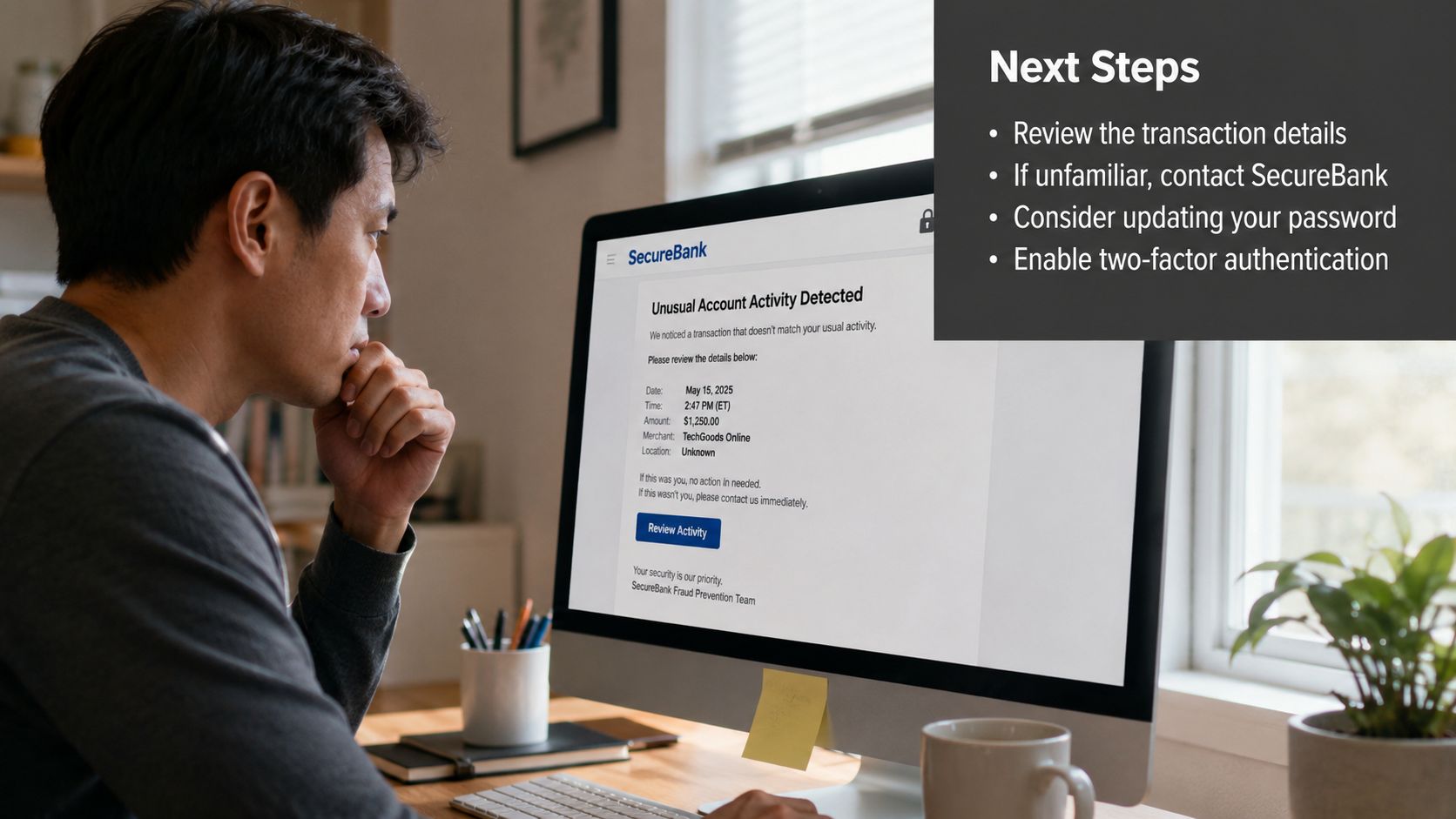 A man looks concerned while reviewing an unusual banking transaction alert on his computer screen.