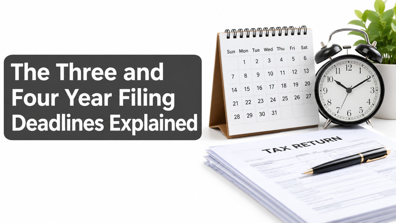 A calendar, an alarm clock, and tax return forms arranged on a white background, symbolizing tax deadlines.