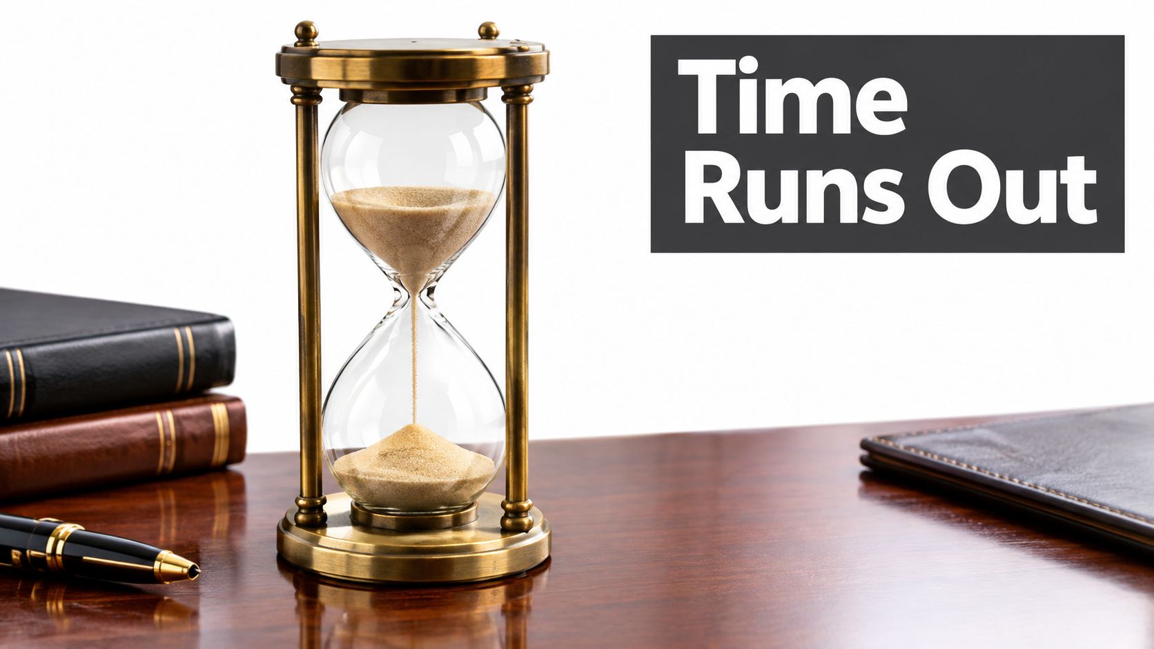 An hourglass sits on a wooden desk next to notebooks and a pen, symbolizing limited time.