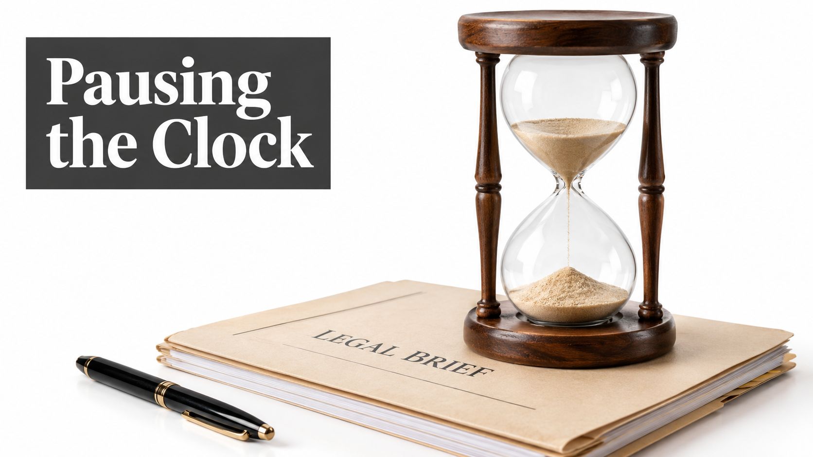 An hourglass sits on a stack of legal documents next to a pen, symbolizing legal time limits.