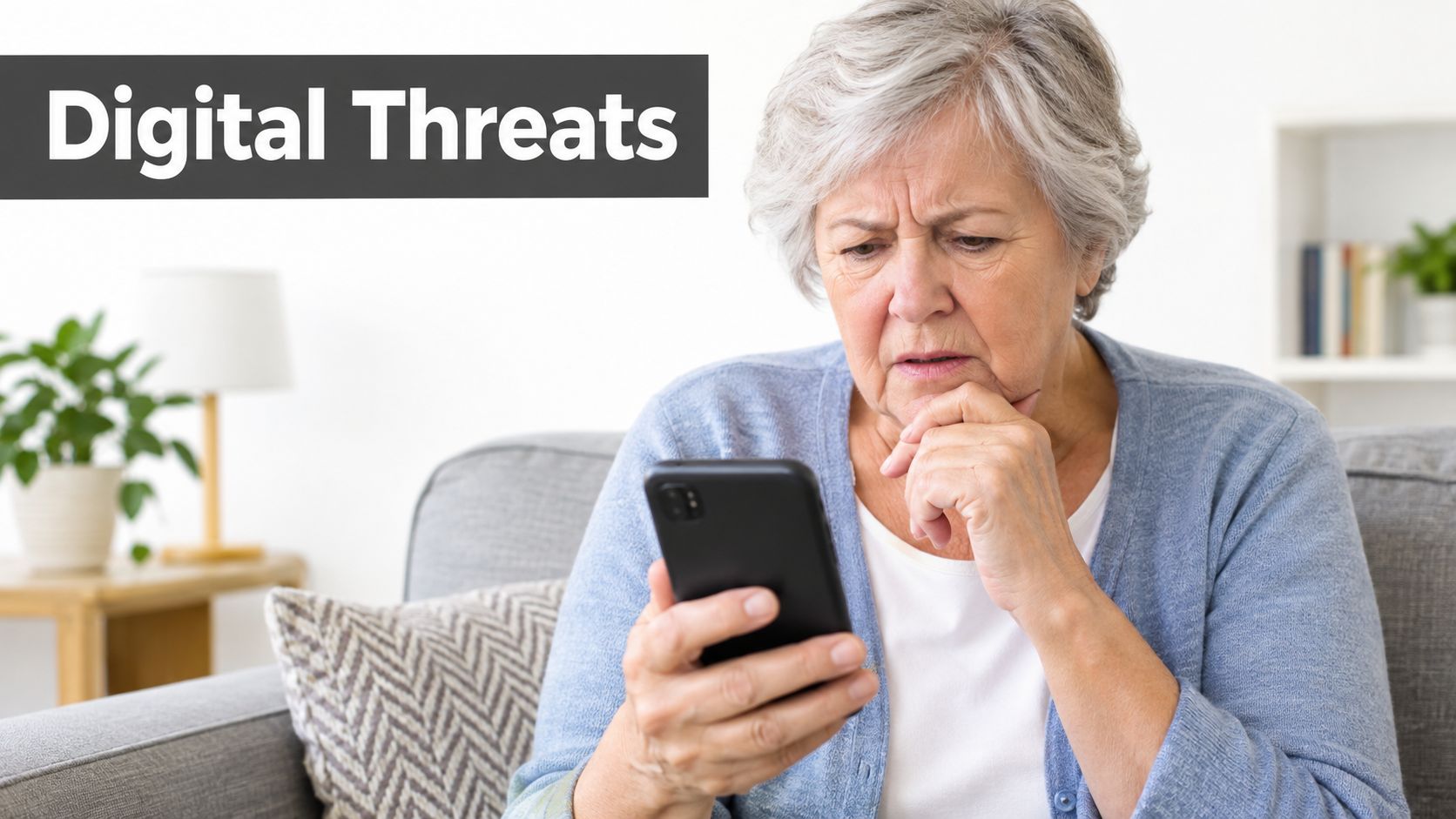 An older woman looking concerned while holding a smartphone in her home environment.