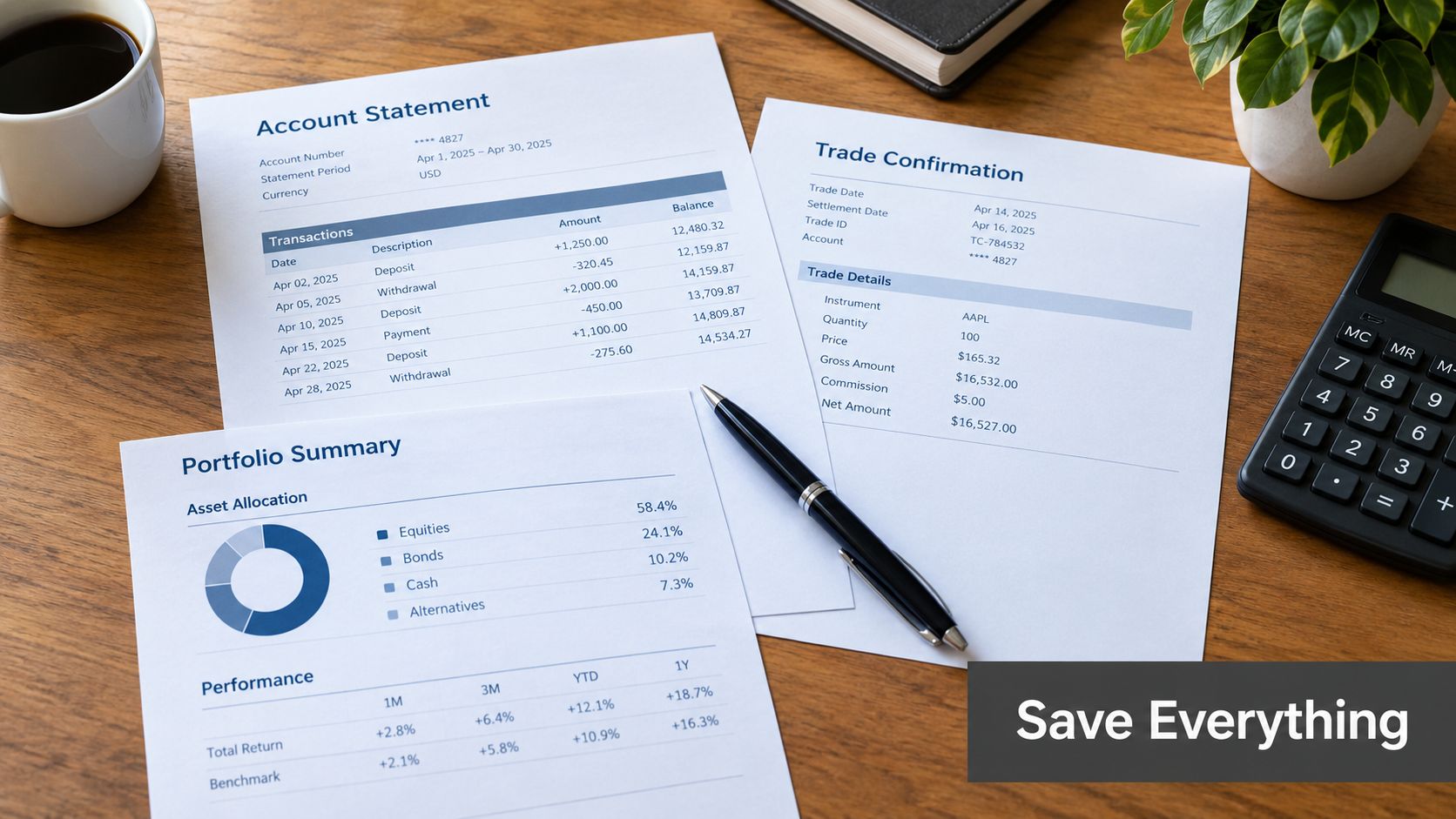 A wooden desk holding financial documents including an account statement, trade confirmation, and a portfolio summary.