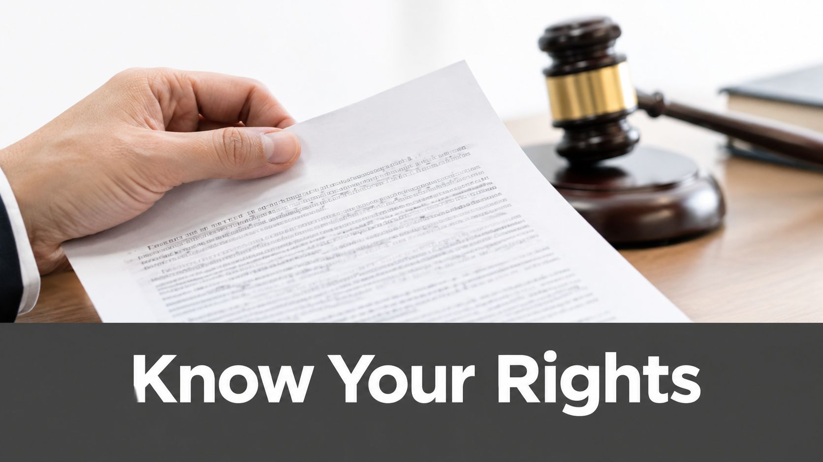 A person holding a legal document with a wooden gavel on the desk in the background.