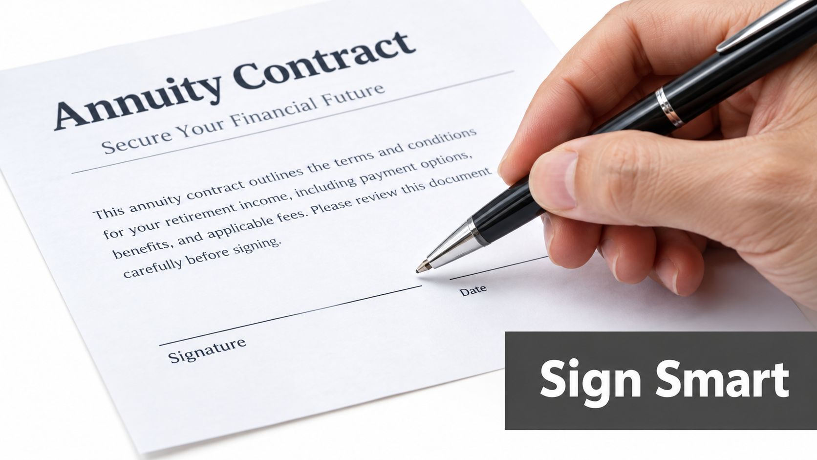 A close-up view of a person signing an annuity contract with a black pen on white paper.
