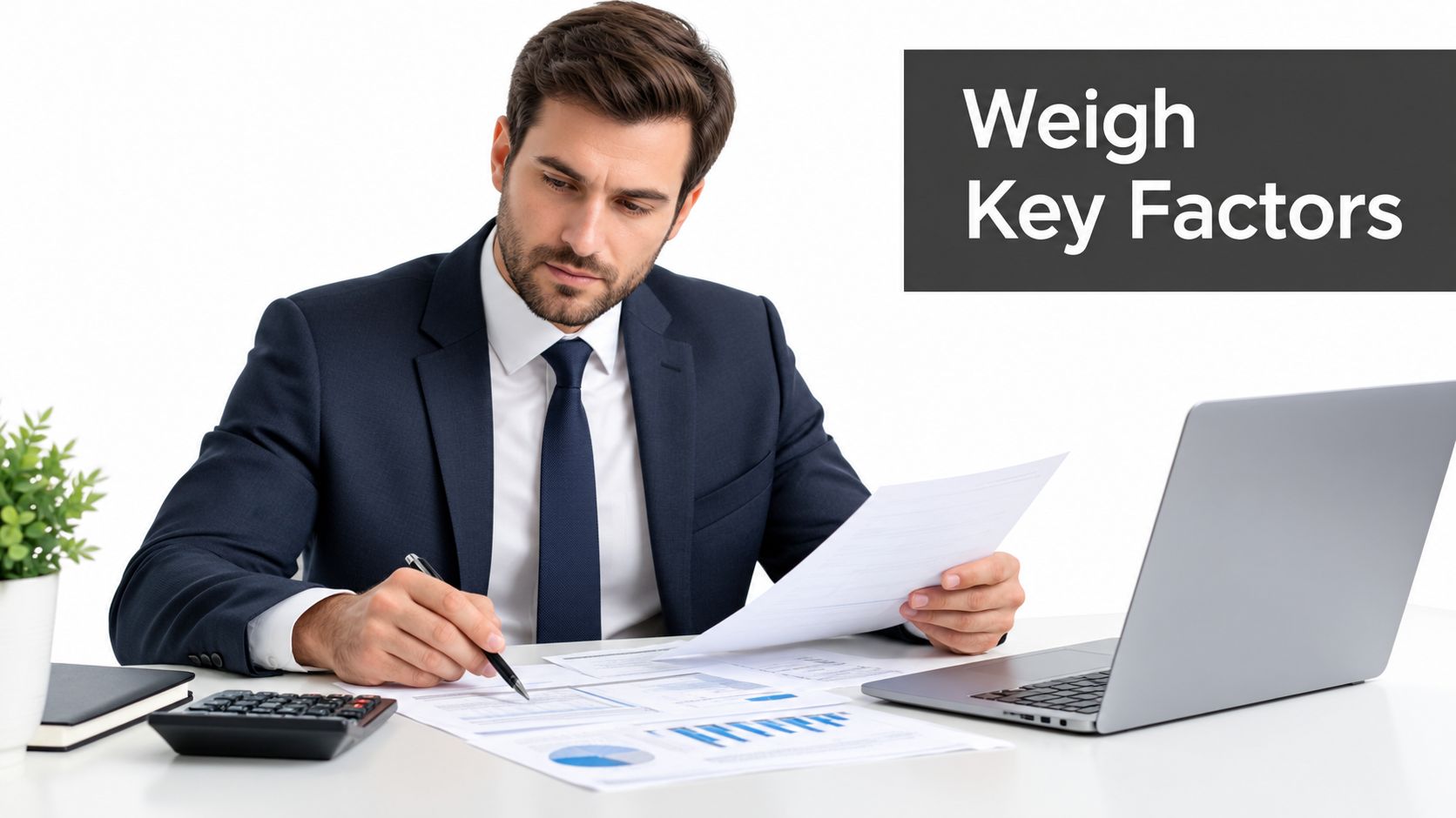 A professional businessman in a suit sitting at his desk analyzing financial documents and data reports.