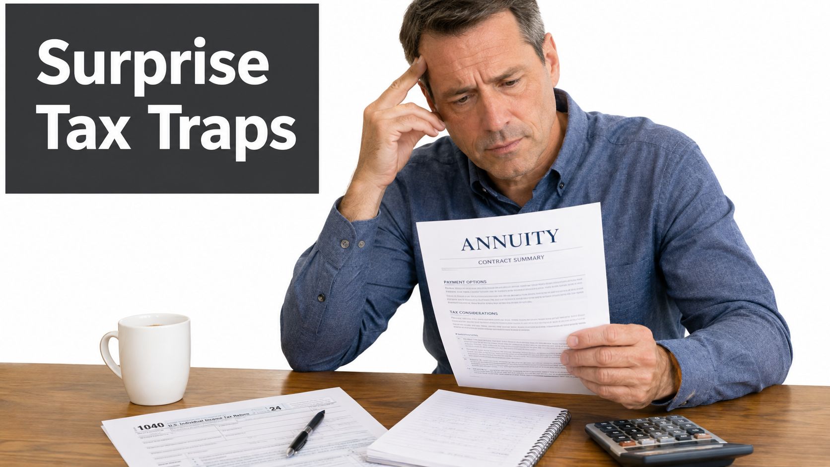 A concerned man sitting at a desk reviewing an annuity contract summary and income tax forms.