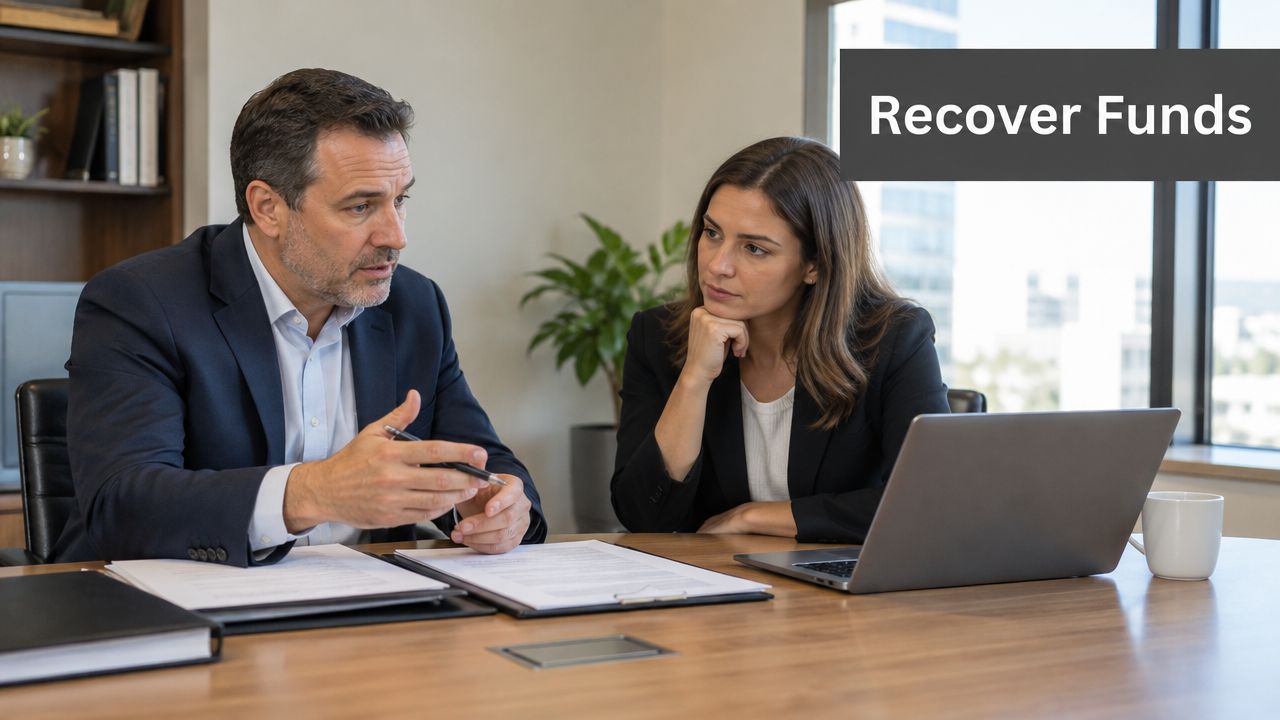A professional man and woman having a business meeting to discuss recovering funds in an office.