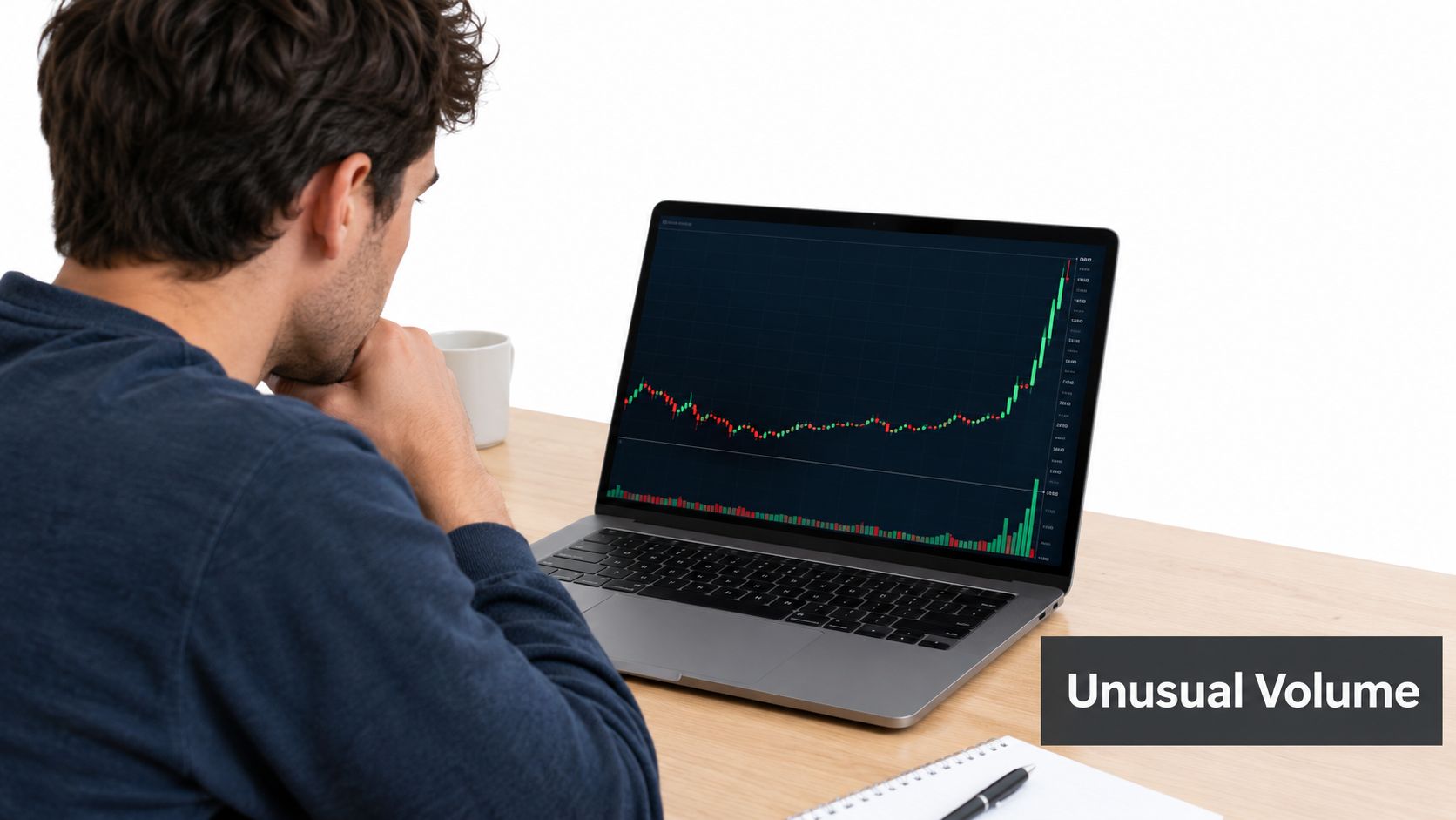 A man observing a significant upward trend on a laptop screen regarding financial market performance.