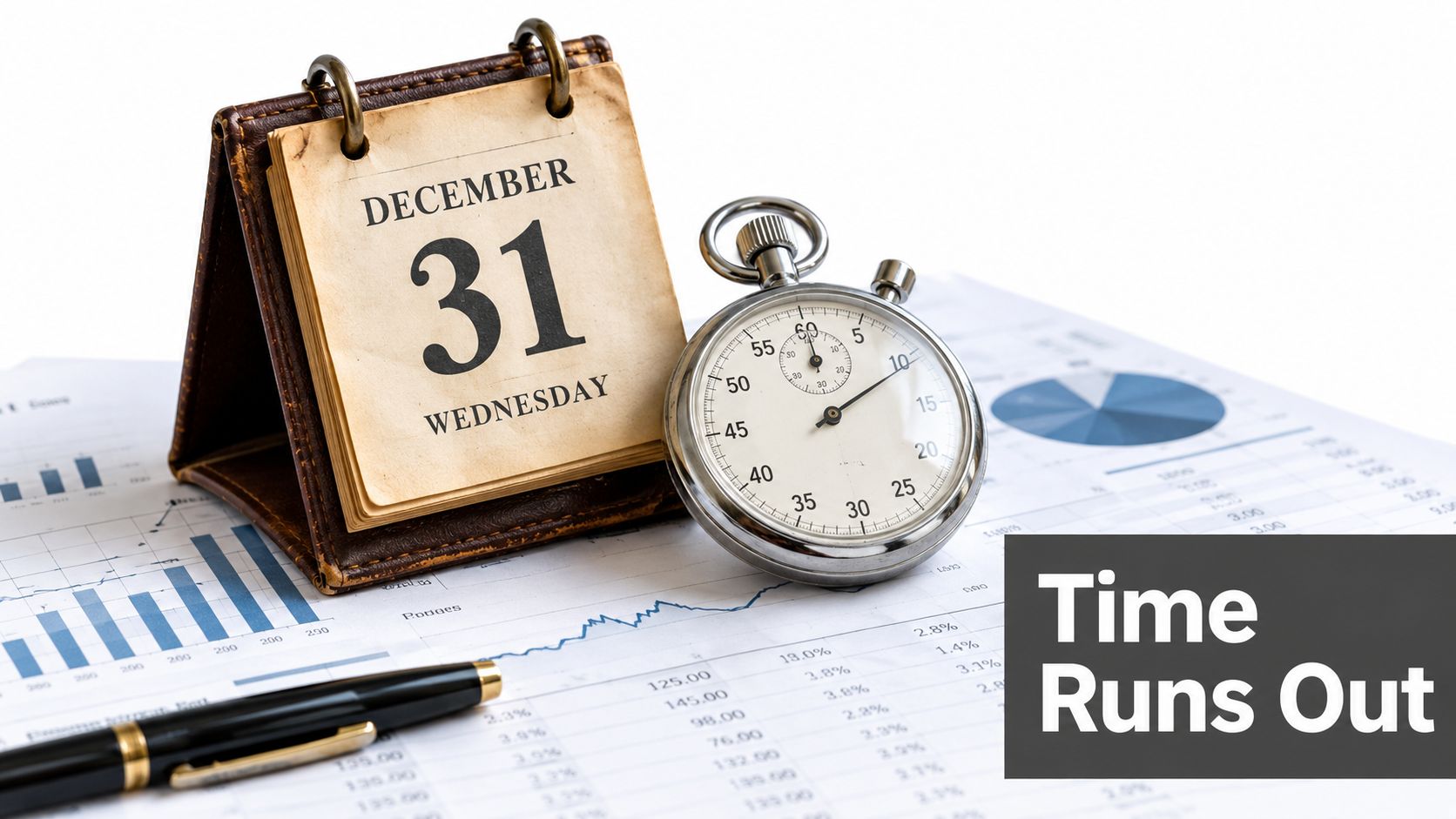 A desk calendar showing December 31st beside a stopwatch and financial documents with the text Time Runs Out.