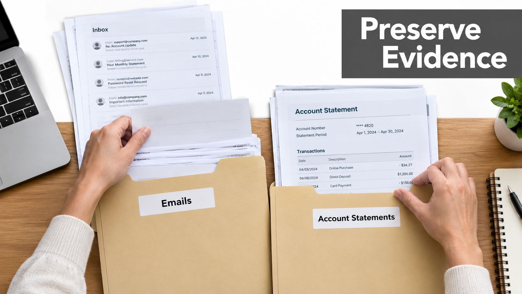 A person organizing printed emails and account statements in folders for digital evidence preservation and legal documentation.