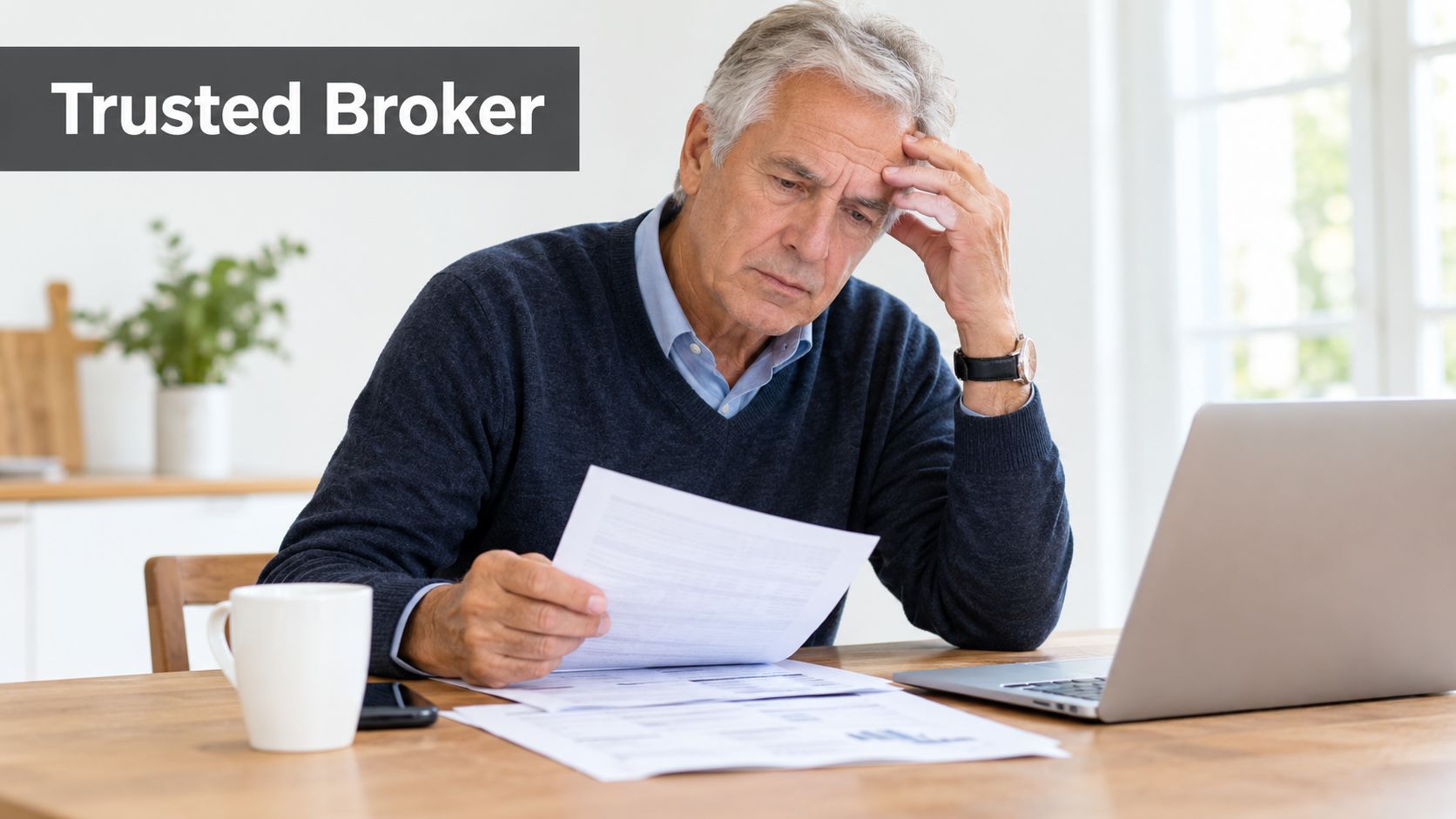 A concerned senior man sitting at a desk reviewing financial documents in front of a laptop.