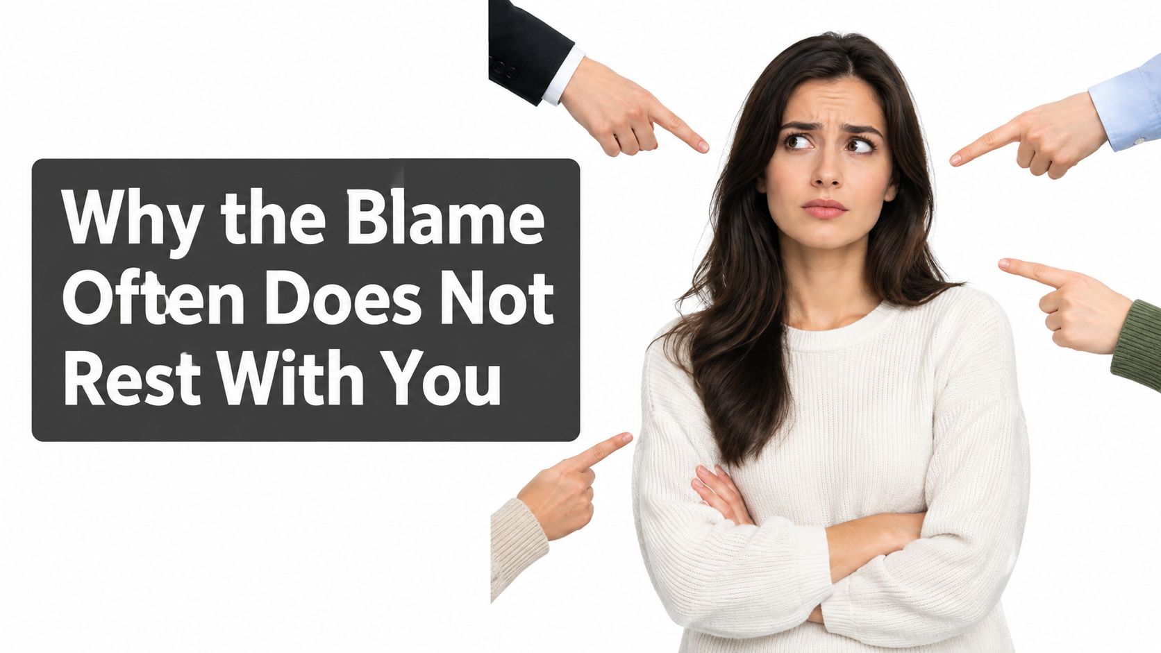 A woman looks concerned while multiple hands point accusingly at her on a white background.