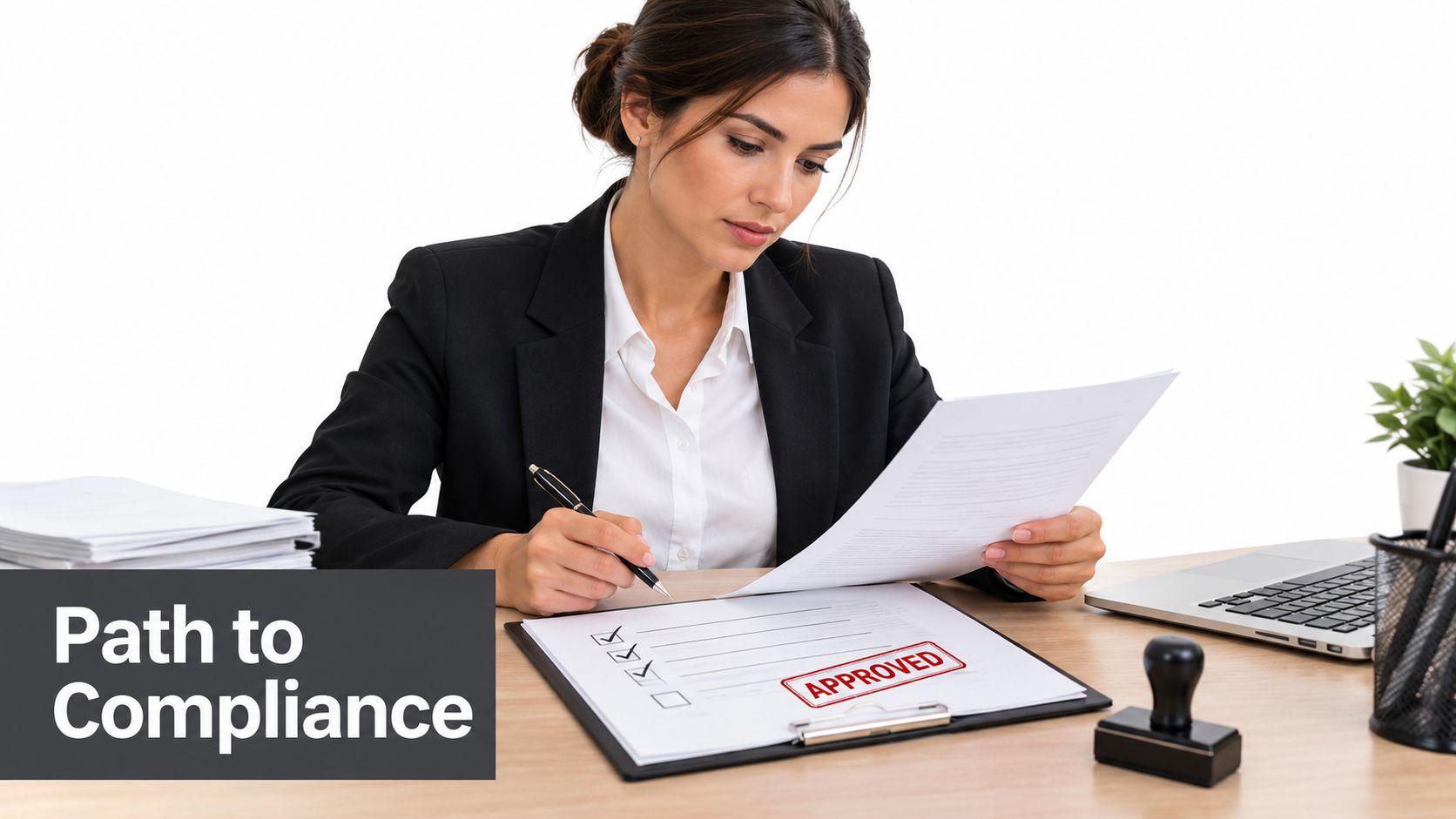 A professional woman in a suit signs an approved document on a desk with a checklist.