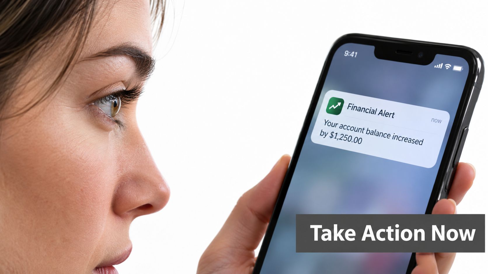 A close-up of a woman looking at her smartphone displaying a financial alert notification about account growth.