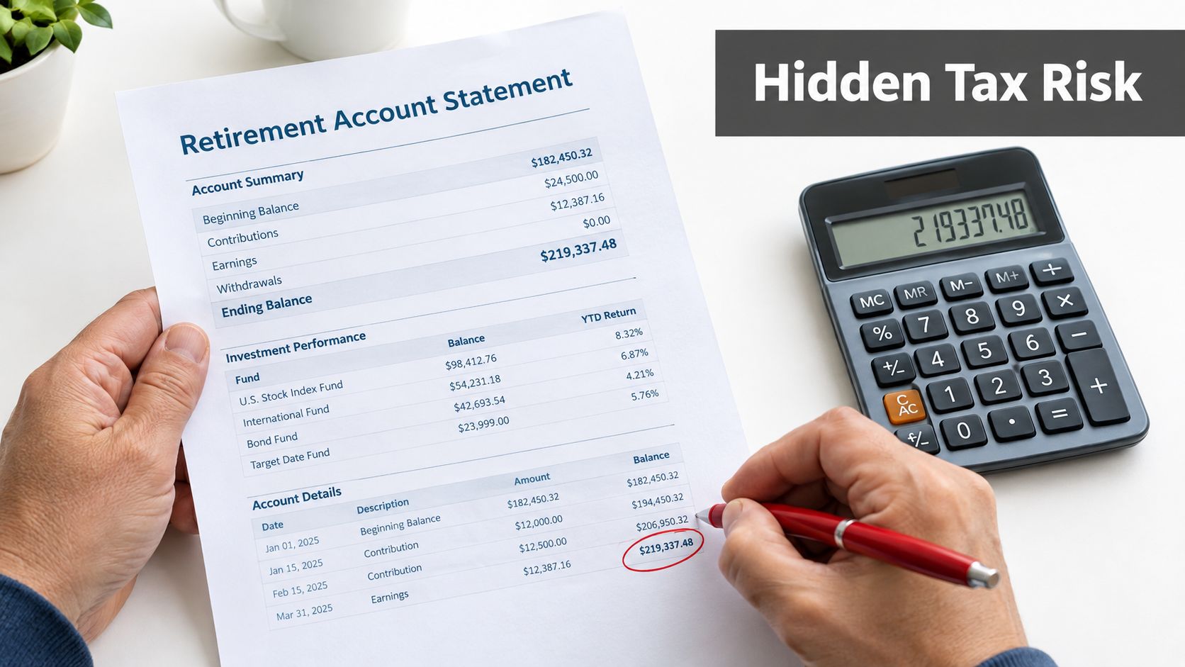A person reviewing a retirement account statement with a calculator and red pen showing financial totals.
