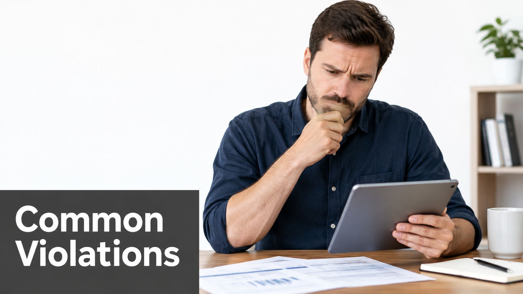 A focused man with a beard looking at a digital tablet while reviewing paper documents at a desk.