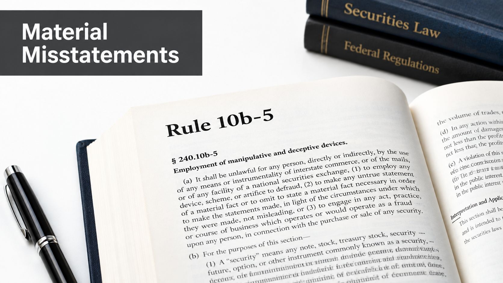 An open legal book showing Rule 10b-5 regarding employment of manipulative and deceptive devices in securities.