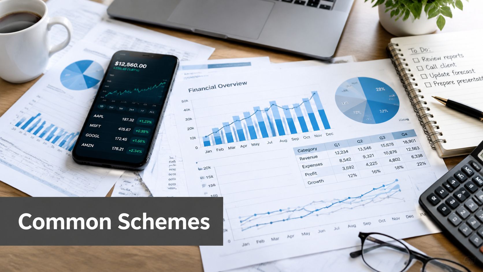A workspace featuring financial charts, a smartphone displaying stock market data, a notebook, and a calculator.