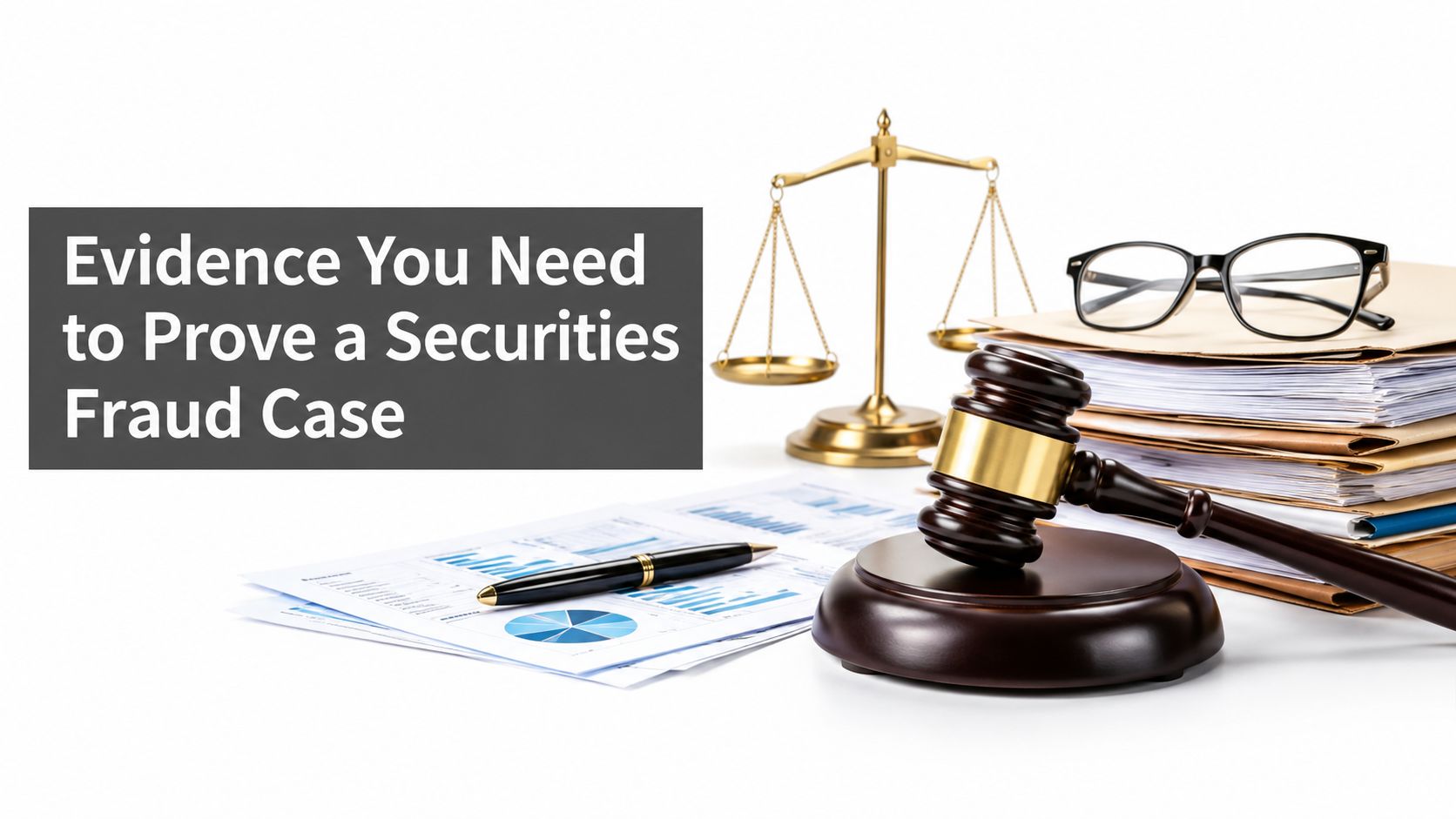 A gavel, law scales, glasses, and financial documents representing the evidence needed for securities fraud cases.
