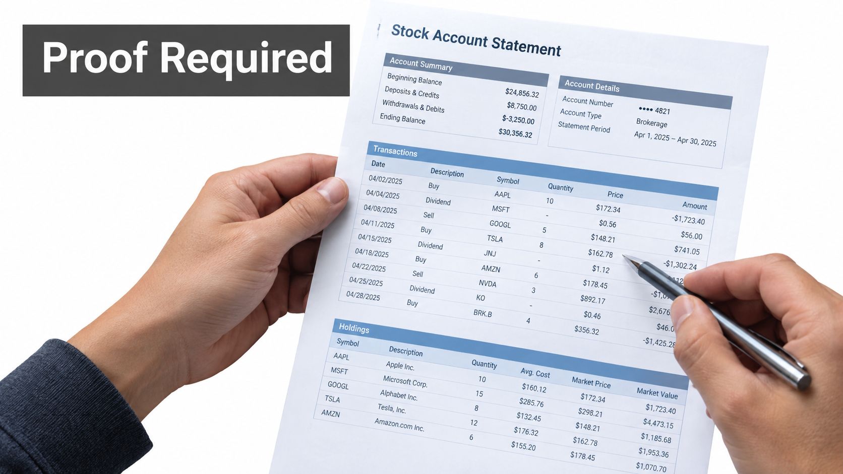 A person holding a stock account statement document while using a pen to point at transaction data.