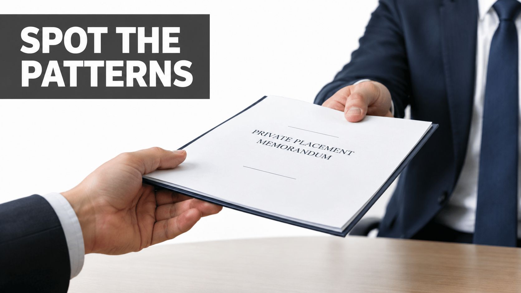 A business person handing a Private Placement Memorandum document to another person at a table.