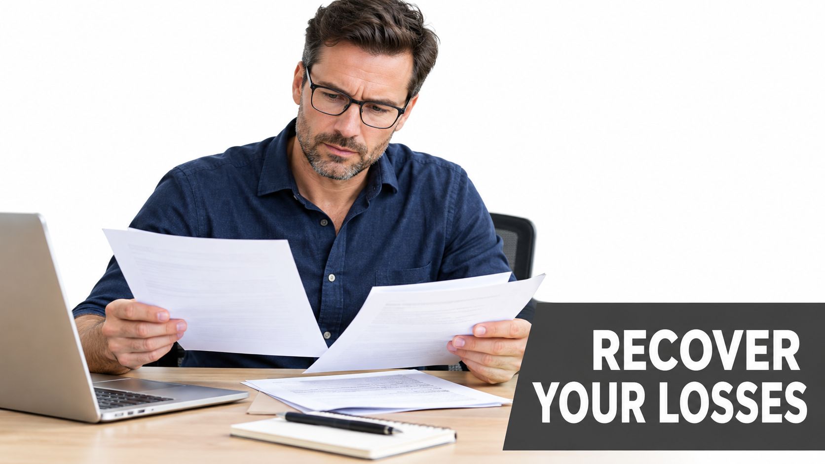 A professional man in a blue shirt reviewing financial documents at his desk with a laptop.