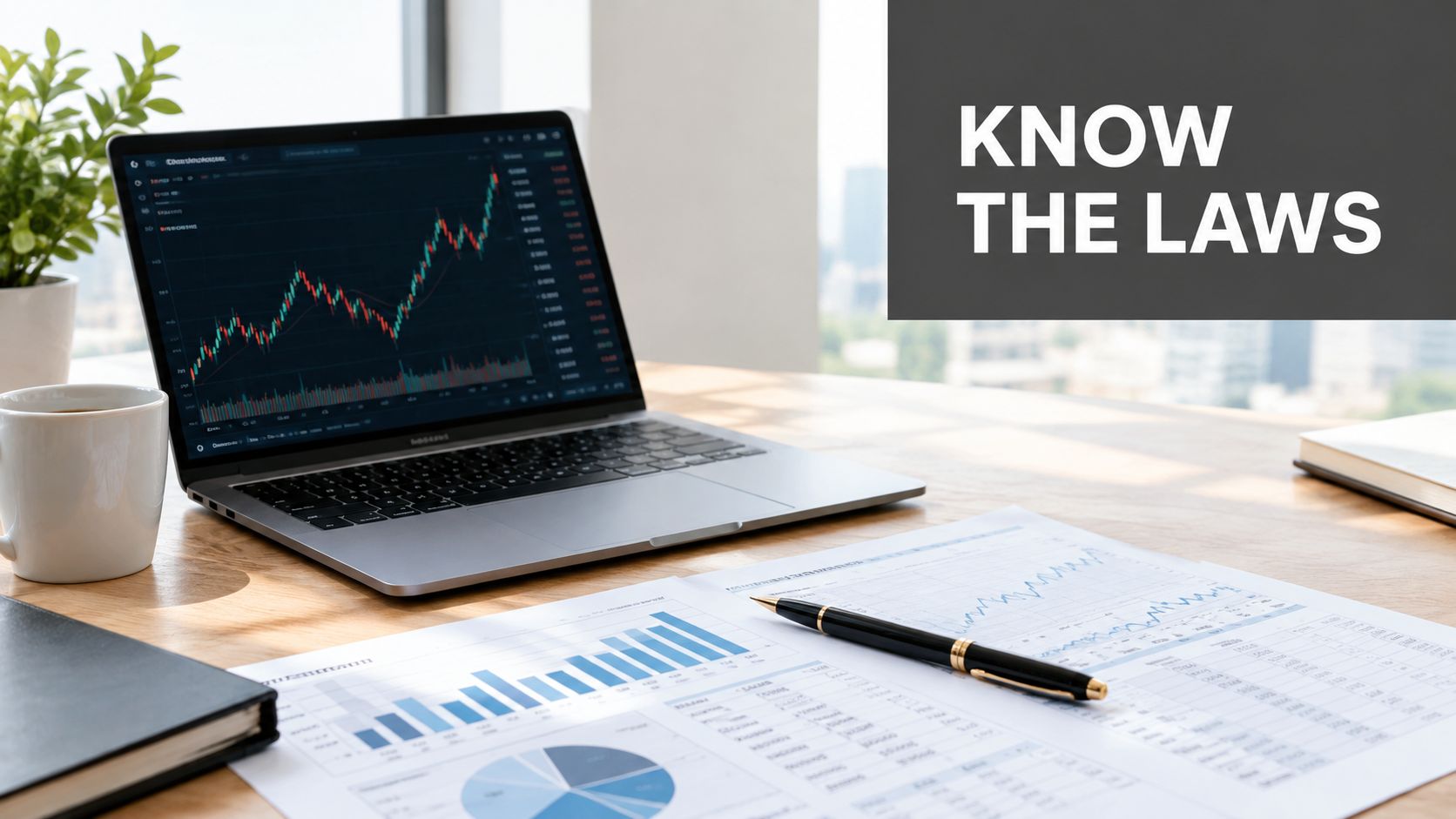 A laptop showing financial charts on a desk with documents and a pen for business analysis.